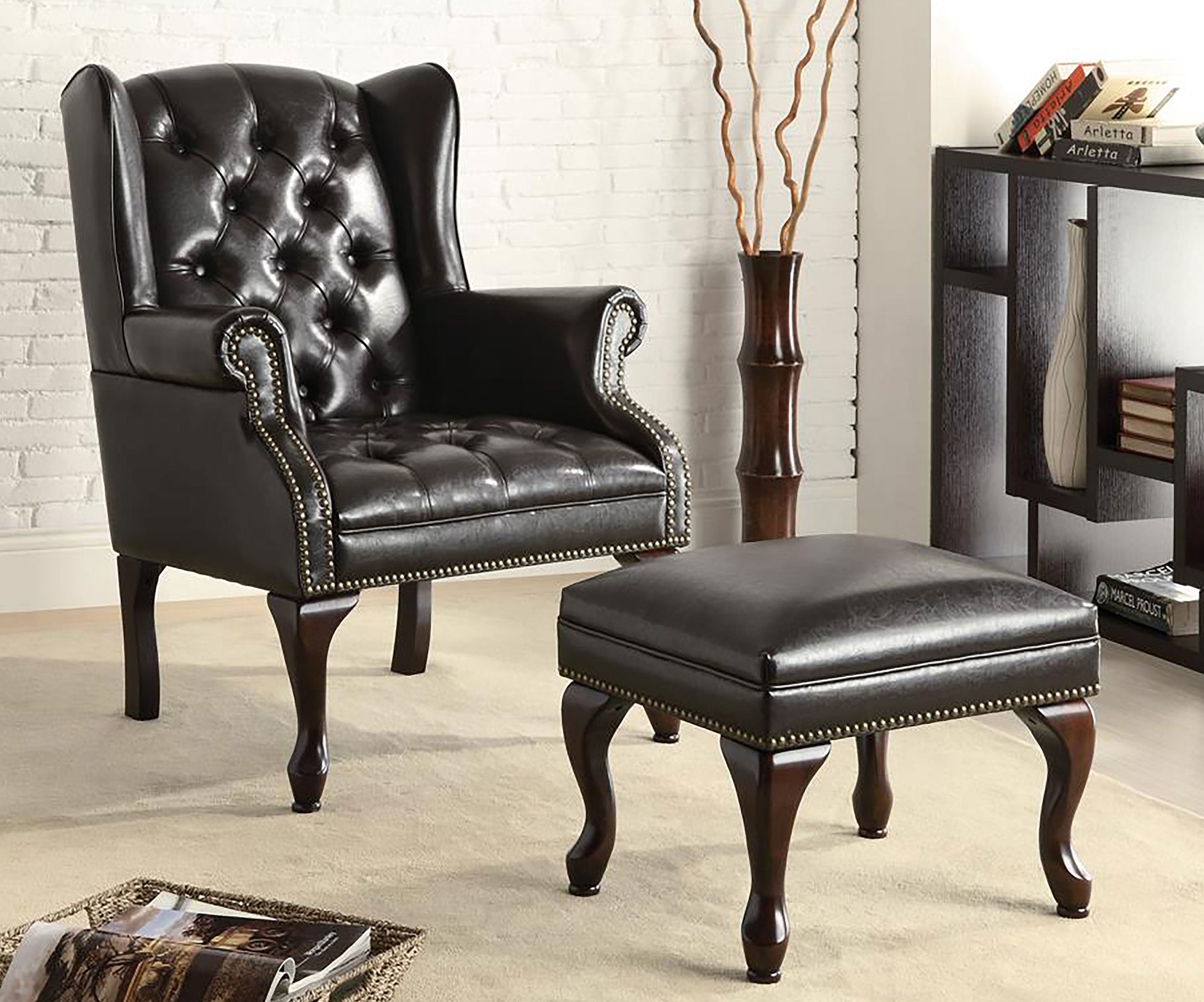 Roberts Upholstered Wingback Chair and Ottoman Set Black-CoasterElevations