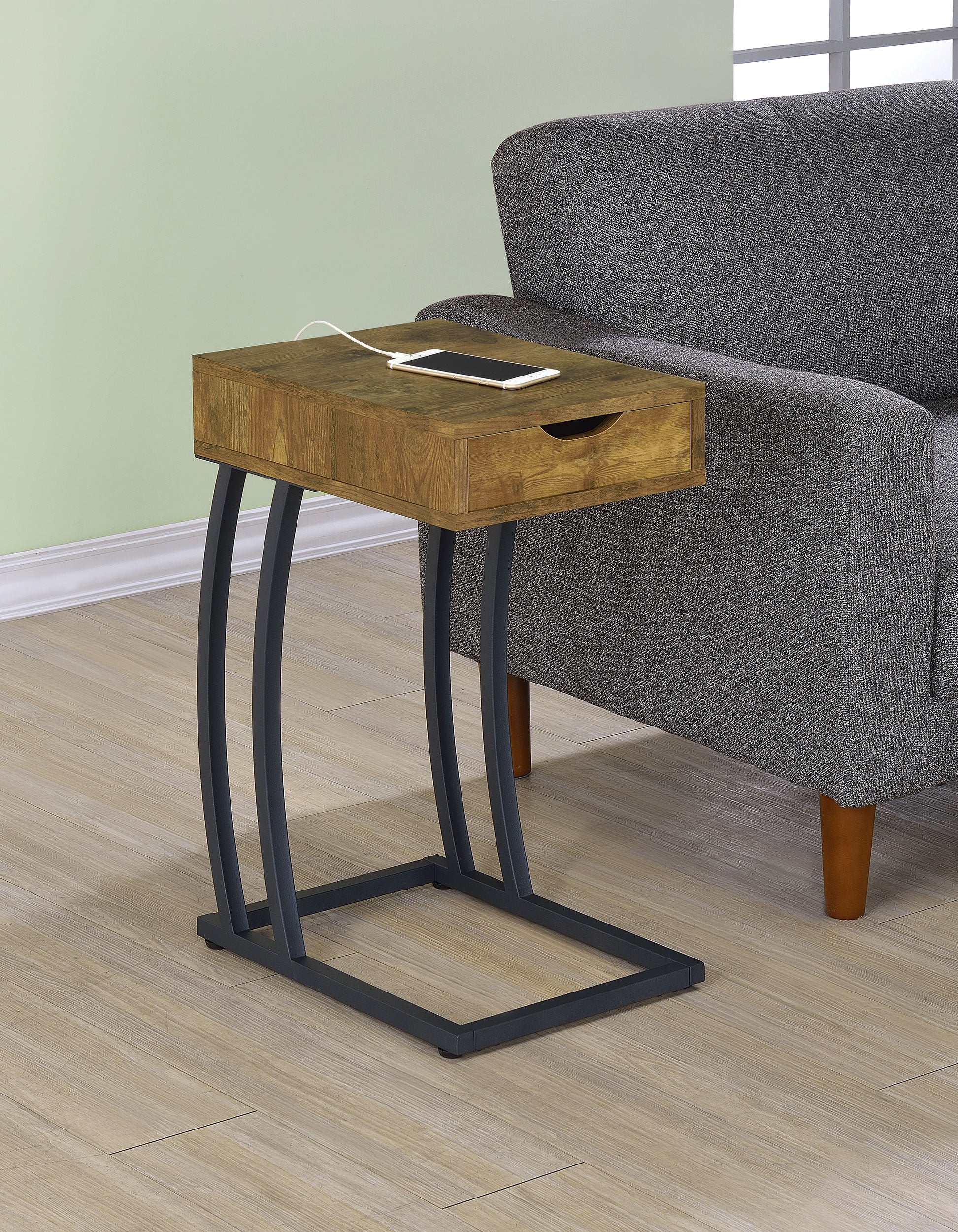 Troy 1-drawer C-Shaped Side Table Power Outlet Rustic Nutmeg-CoasterEssence