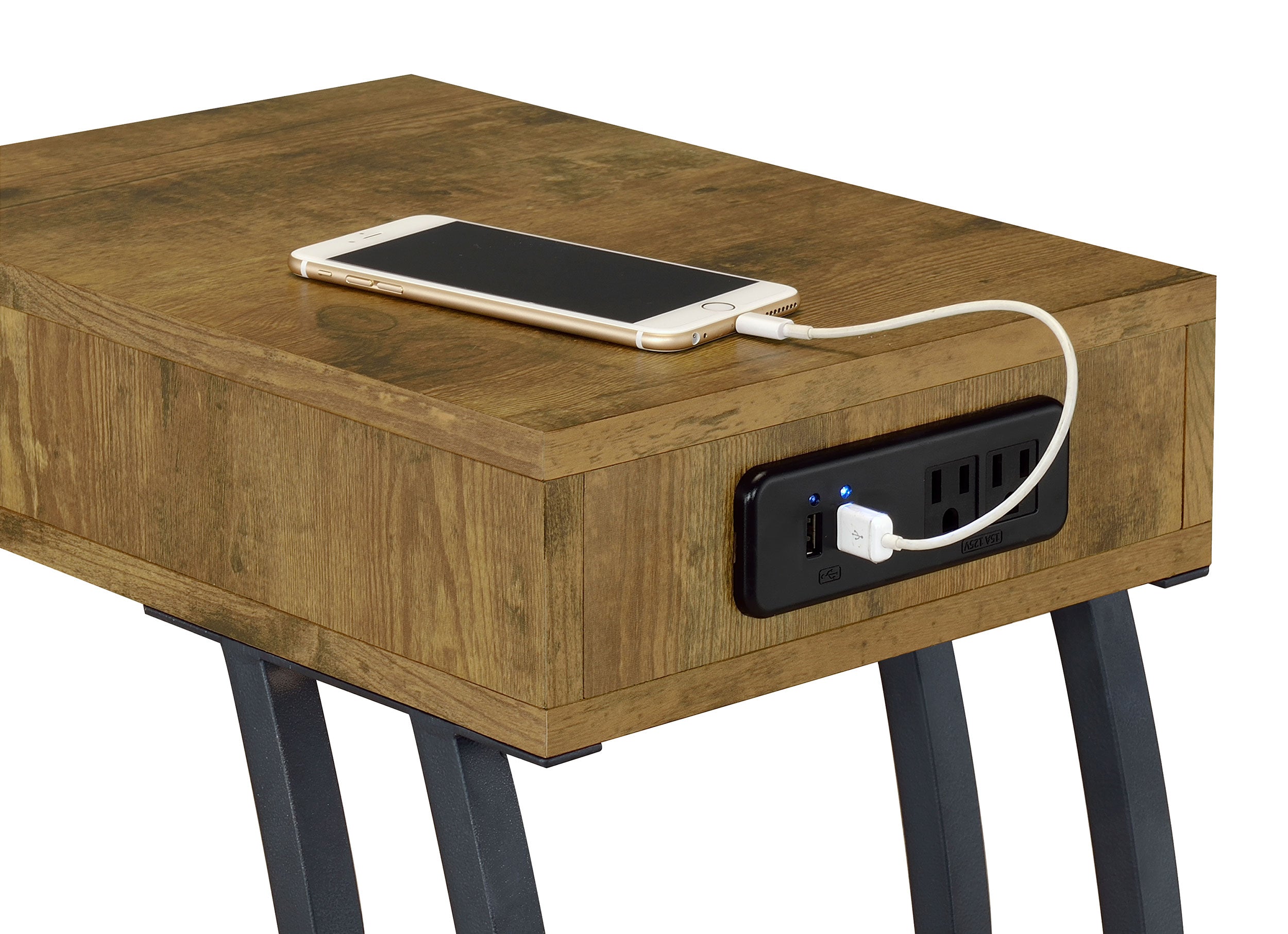 Troy 1-drawer C-Shaped Side Table Power Outlet Rustic Nutmeg-CoasterEssence