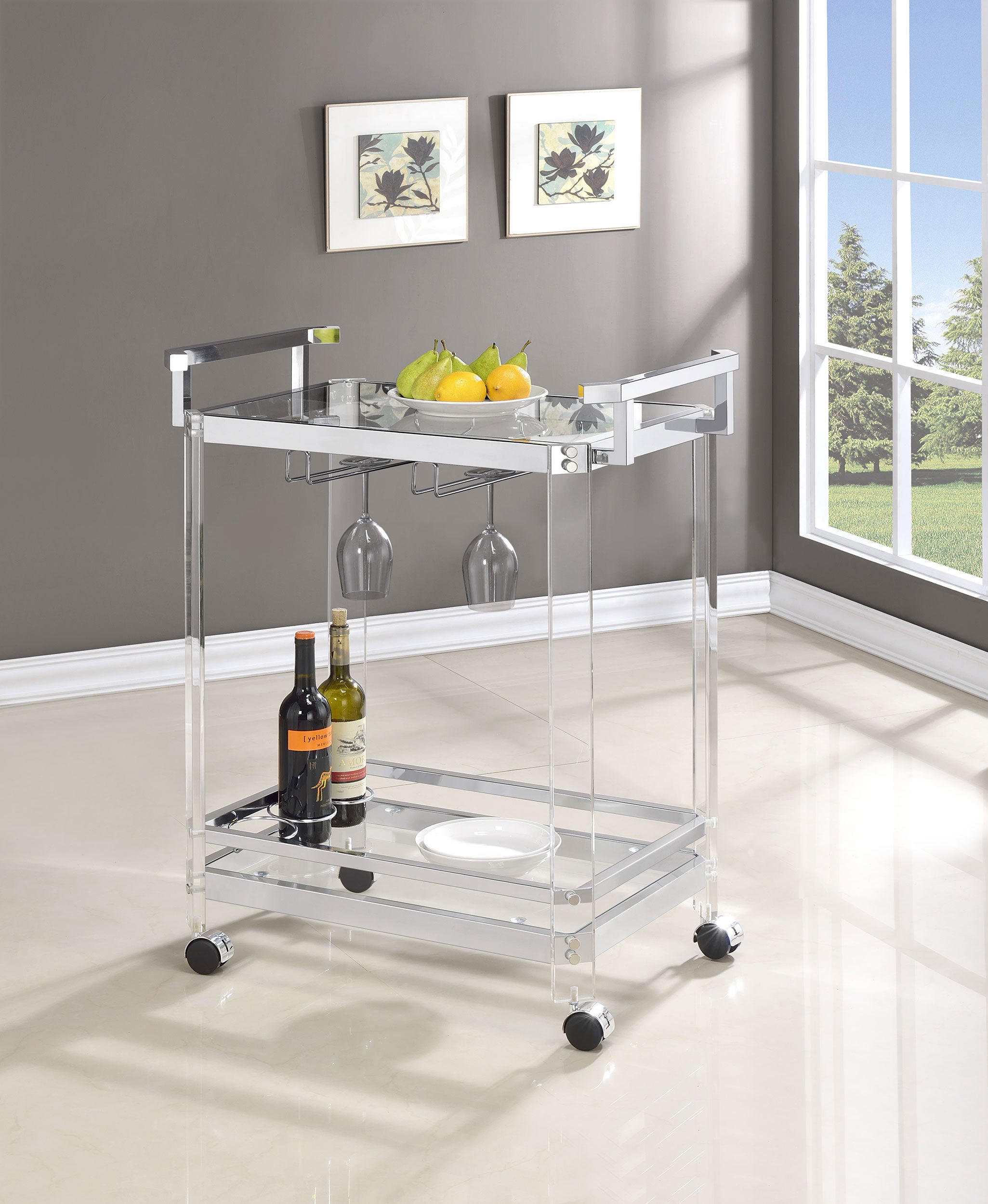 Jefferson 2-tier Glass Shelf Acrylic Bar Cart Chrome-CoasterEssence