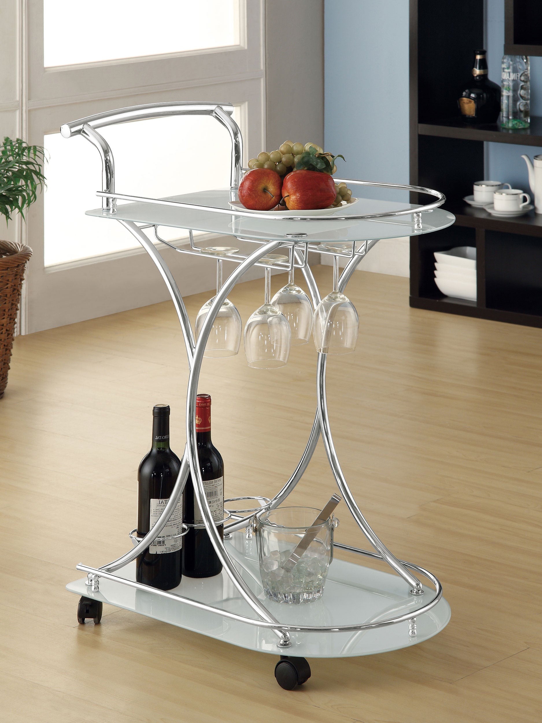 Elfman 2-tier Glass Shelf Metal Bar Cart White and Chrome-CoasterEveryday