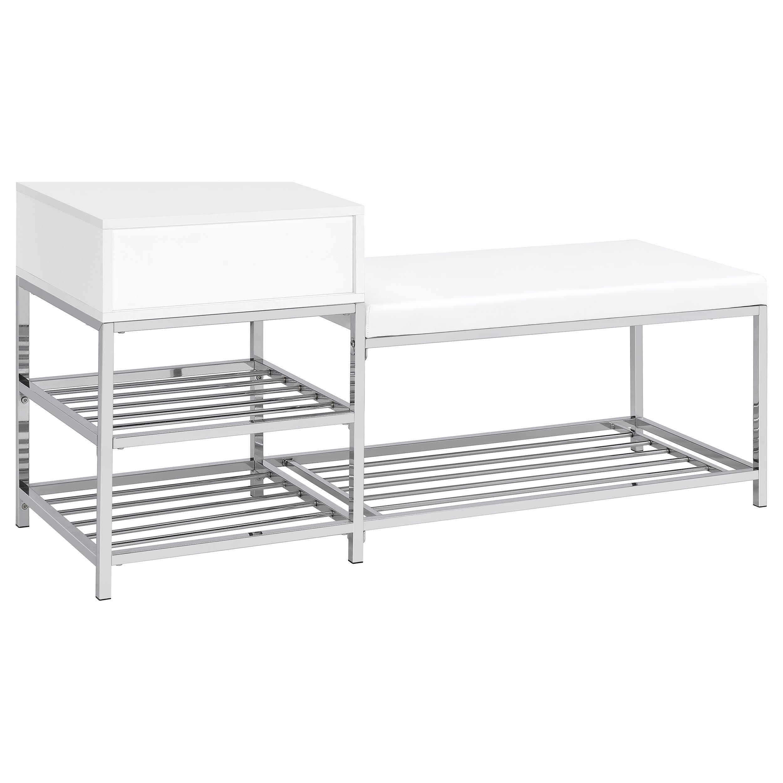 Siega 1-Drawer Shoe Storage Entryway Bench White High Gloss and Chrome-