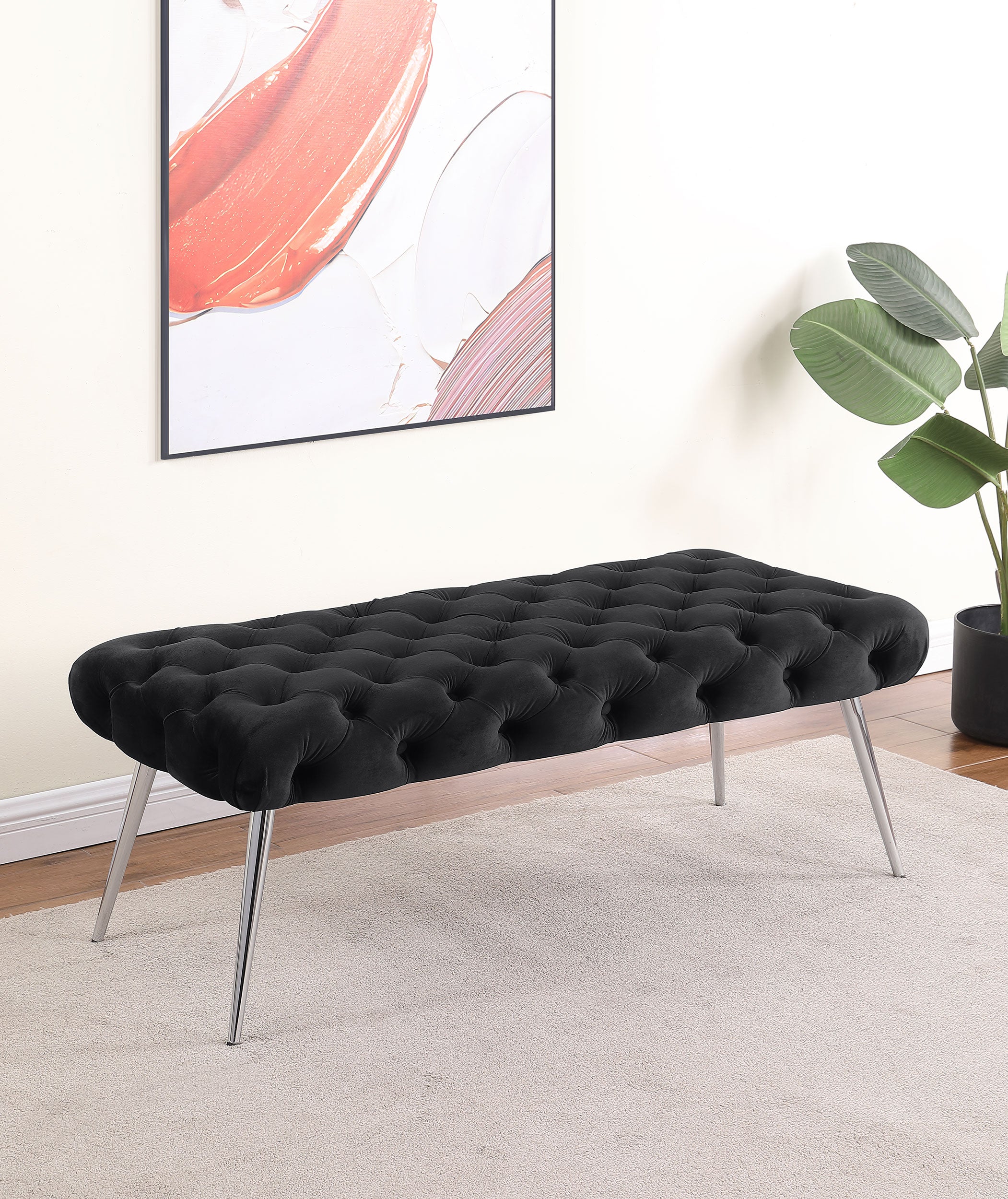 Ella Upholstered Tufted Bench Stainless Steel Legs Black-