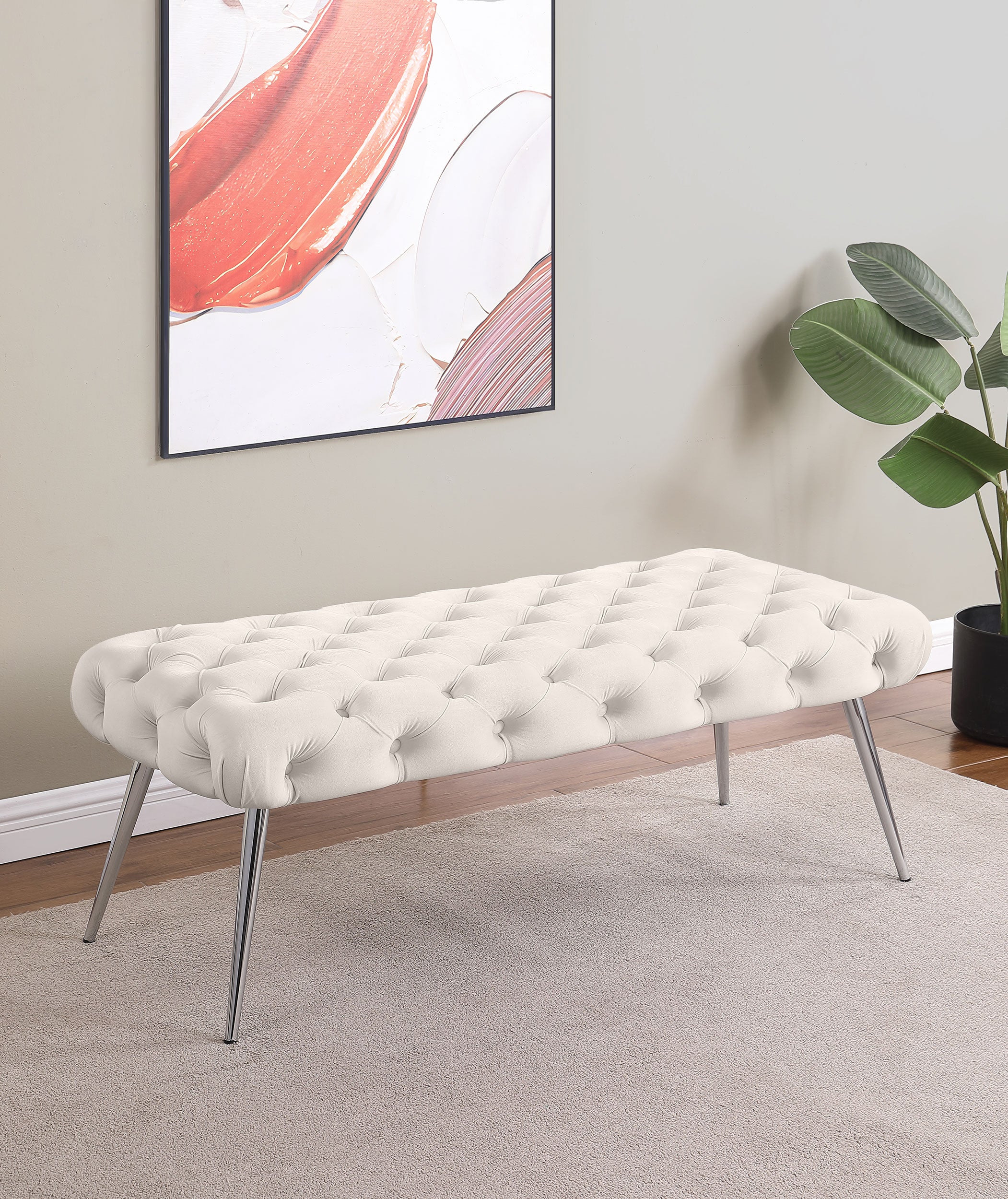 Ella Upholstered Tufted Bench Stainless Steel Legs Ivory-