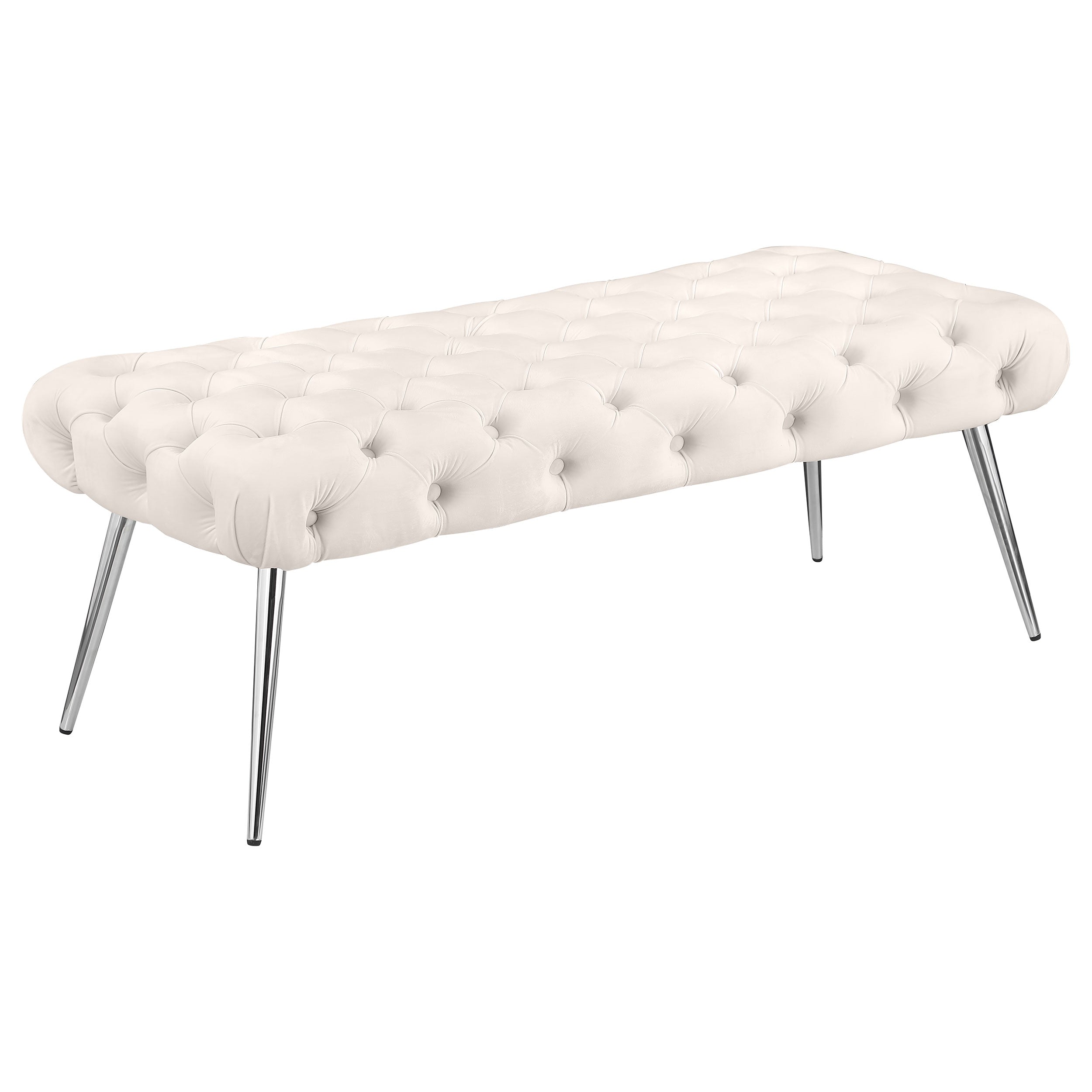 Ella Upholstered Tufted Bench Stainless Steel Legs Ivory-
