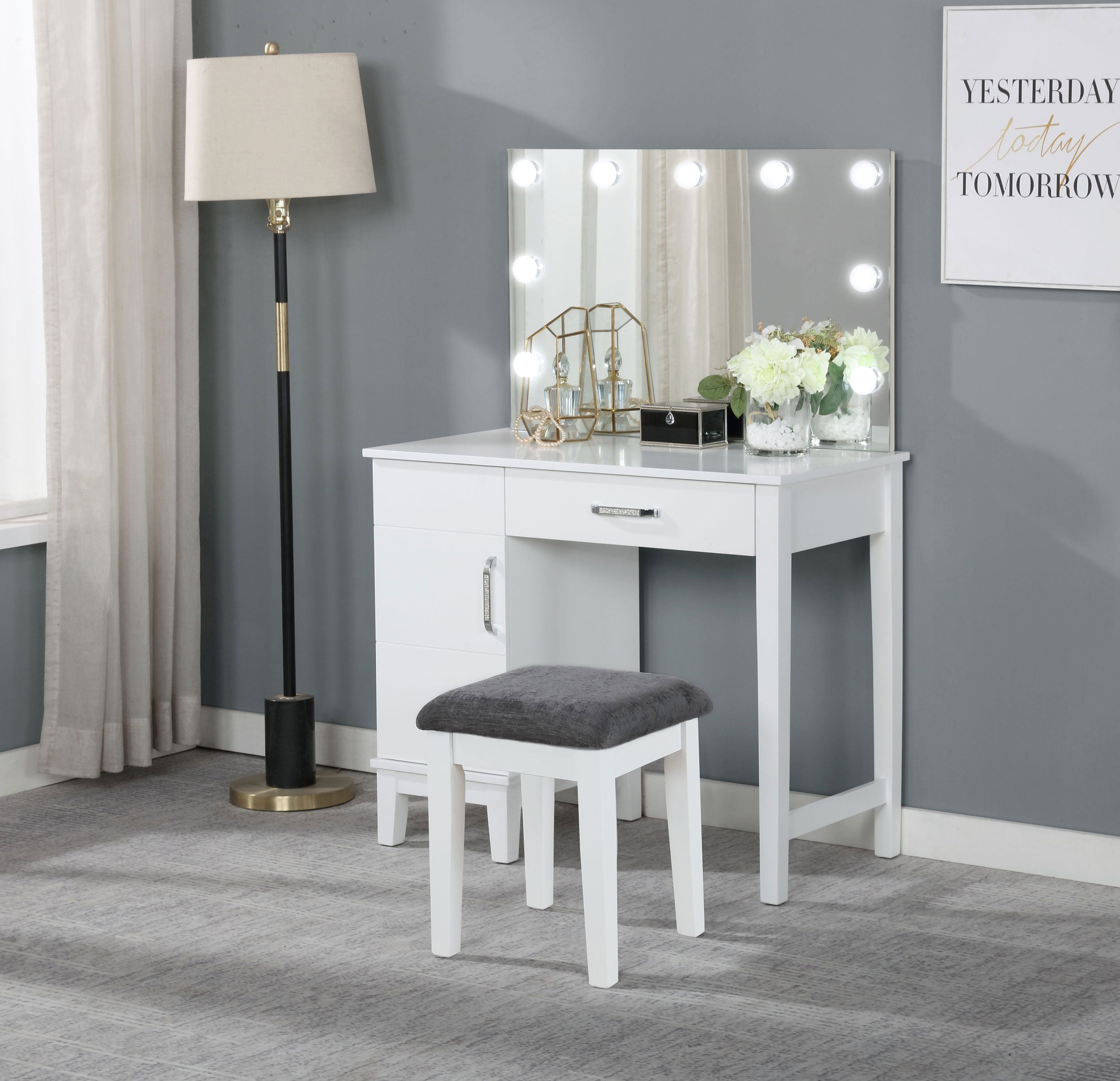 Elijah Vanity Set with Lighting & Stool White and Dark Grey-CoasterEveryday