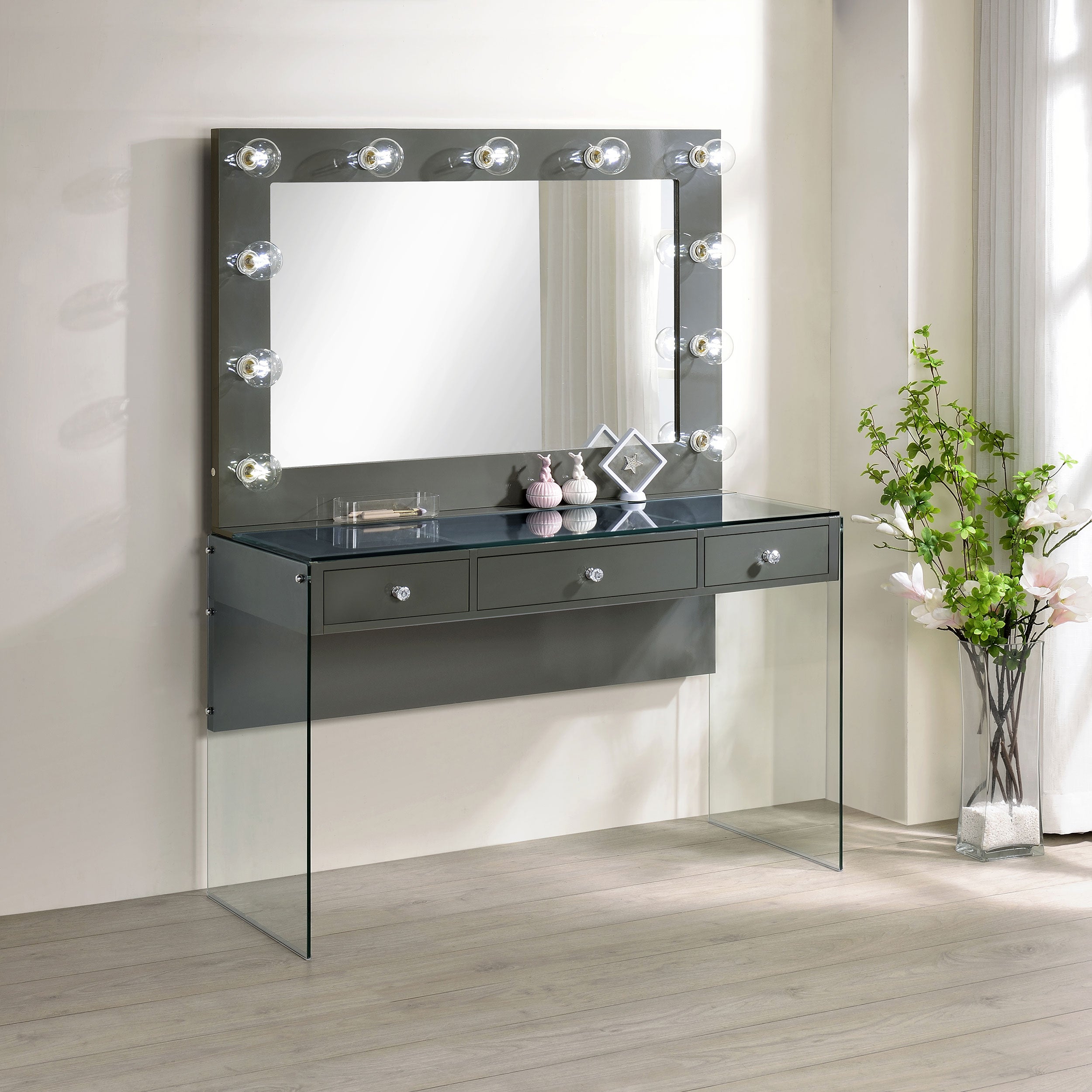 Afshan 3-drawer Vanity Set with Lighting Grey High Gloss-CoasterEssence