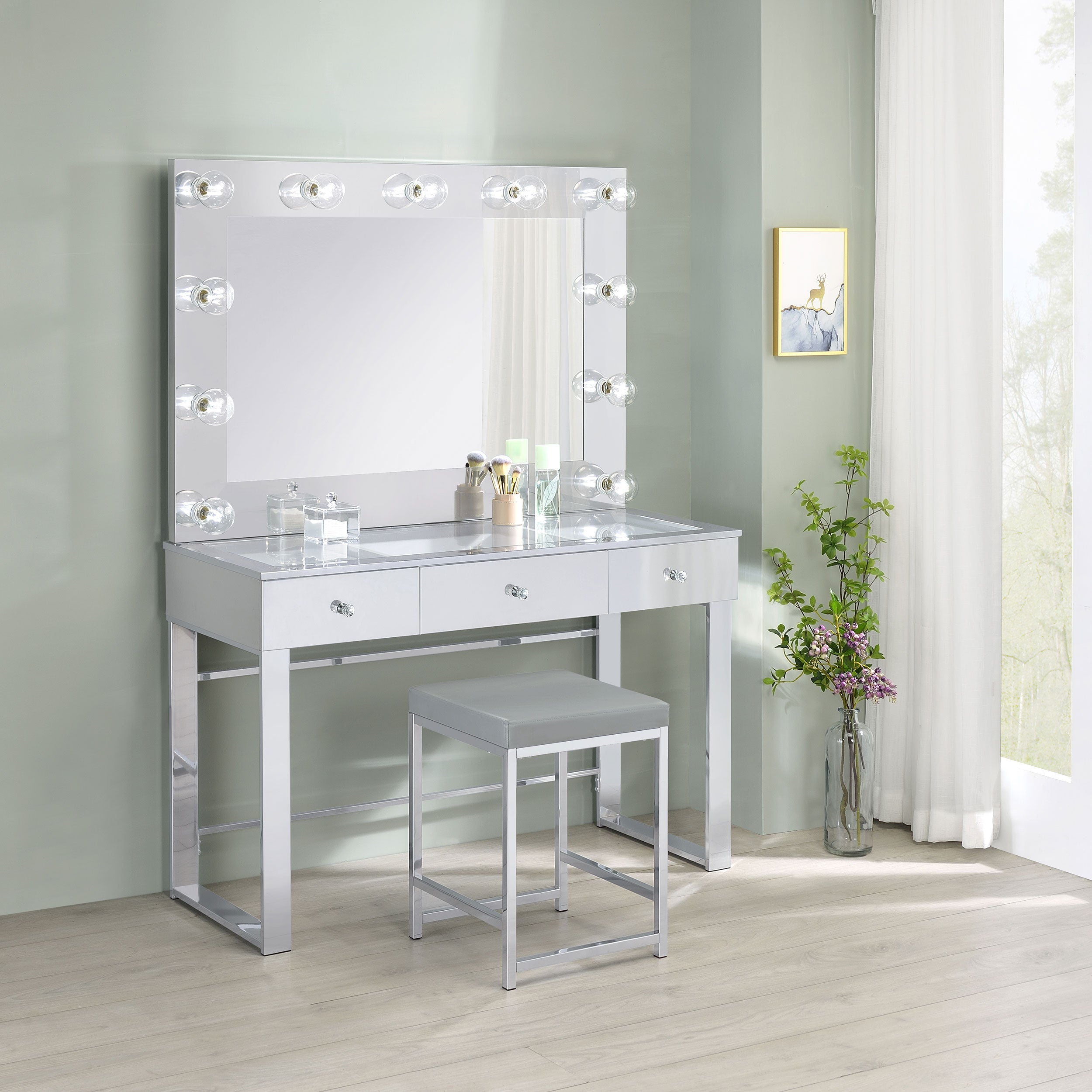 Umbridge 3-drawer Vanity Set with Lighting Chrome and White-CoasterEssence