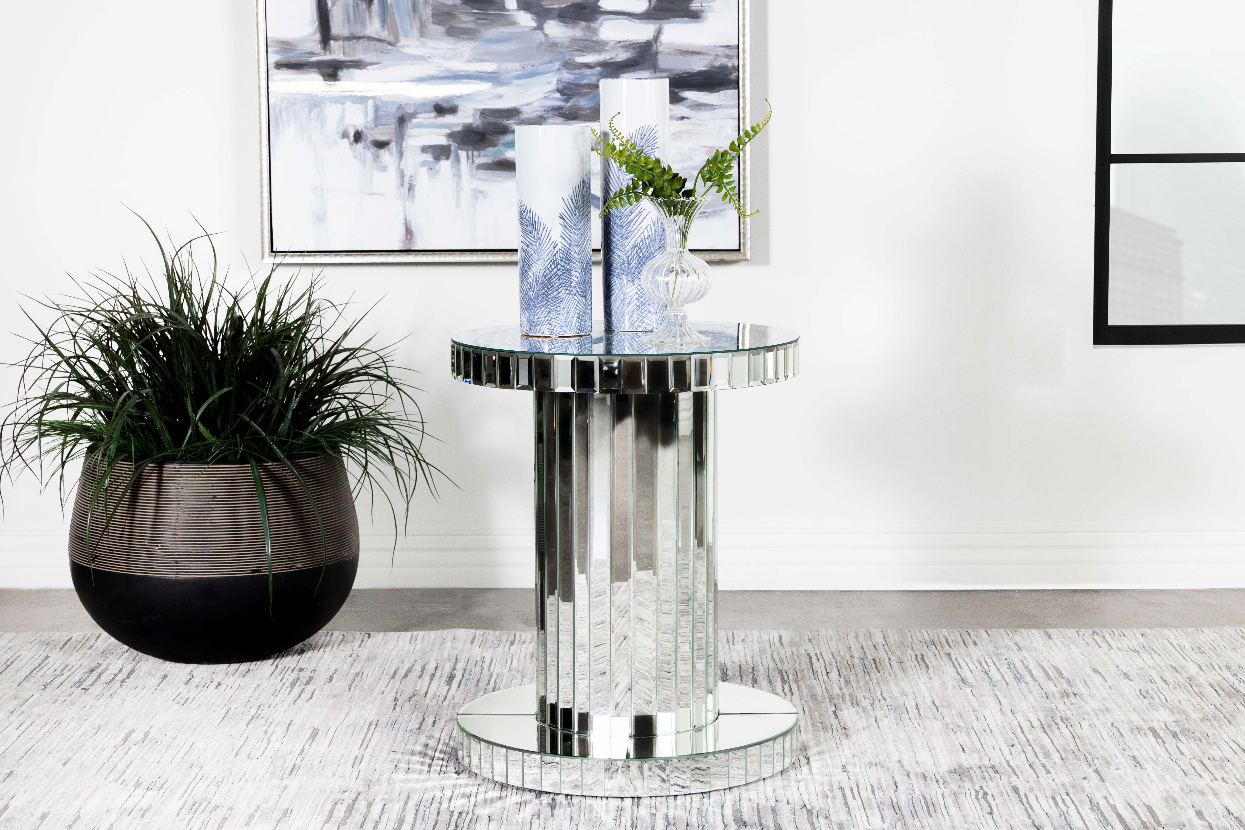 Dorielle Round Mirrored Acrylic Crystal Side Table Silver-CoasterElevations