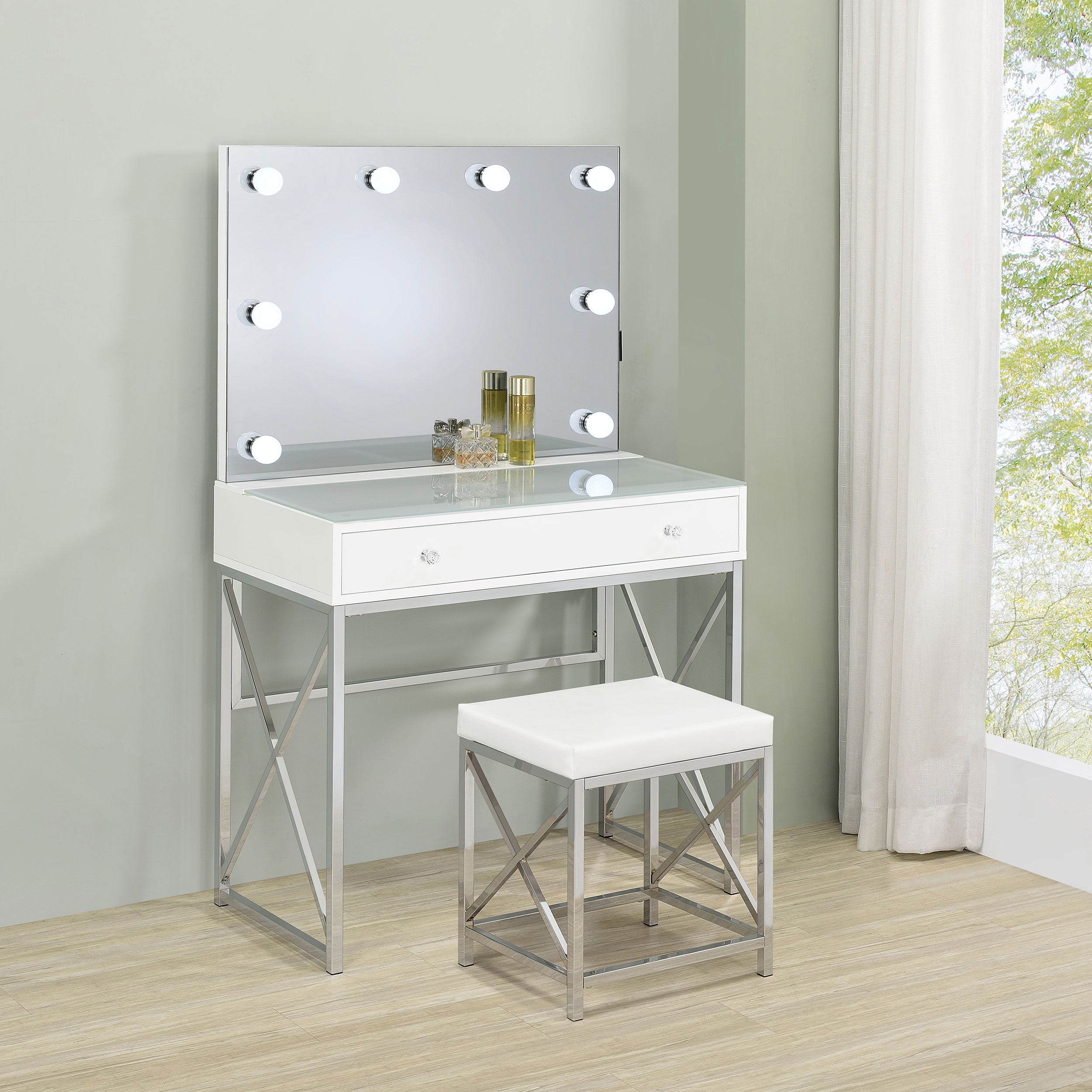 Eliza Vanity Set with Lighting & Stool White and Chrome-