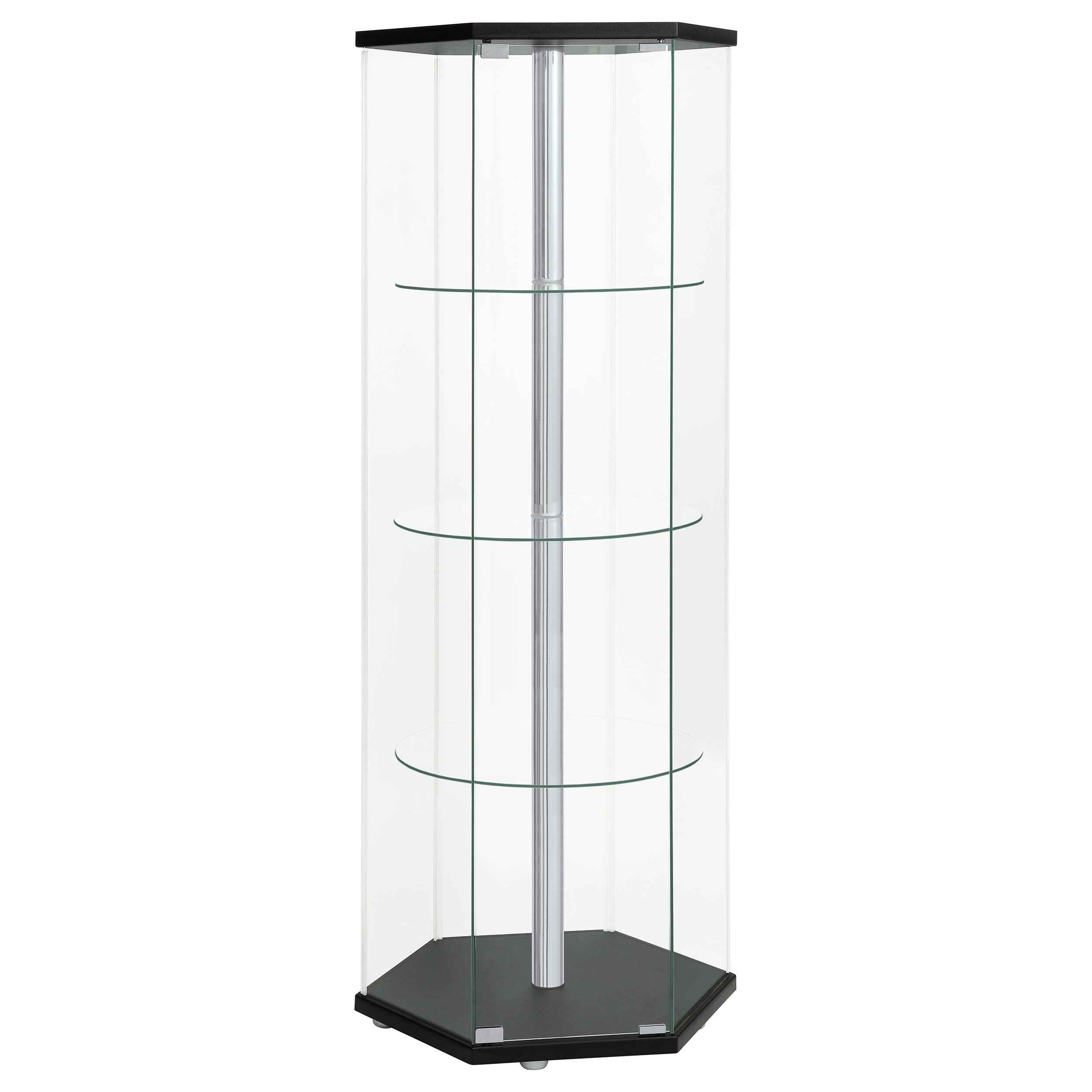 Zahavah 4-shelf Hexagonal Clear Glass Curio Cabinet Black-CoasterEveryday