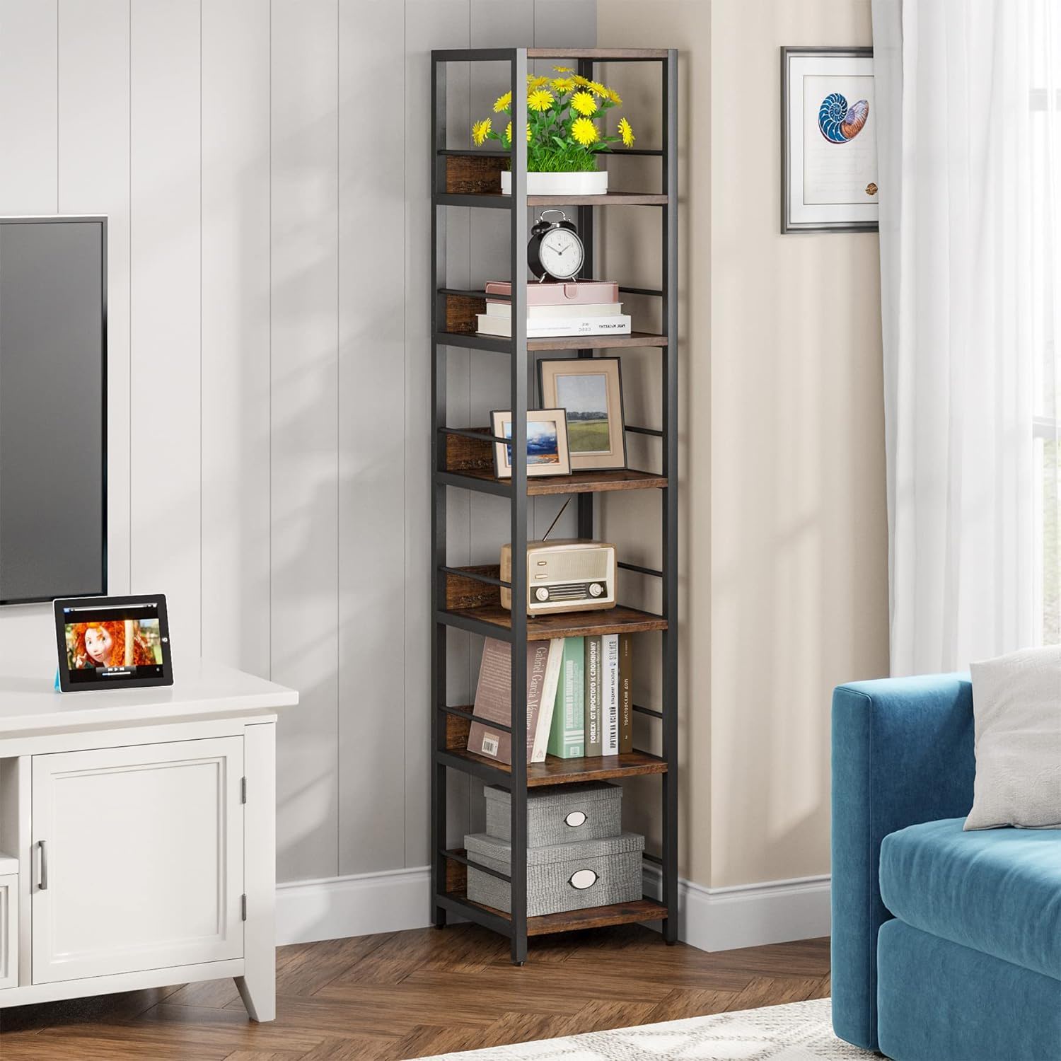Tall 6 Tier Corner Shelf, Narrow Bookshelf Storage Rack, Square Etagere Display Stand - Rustic Brown
