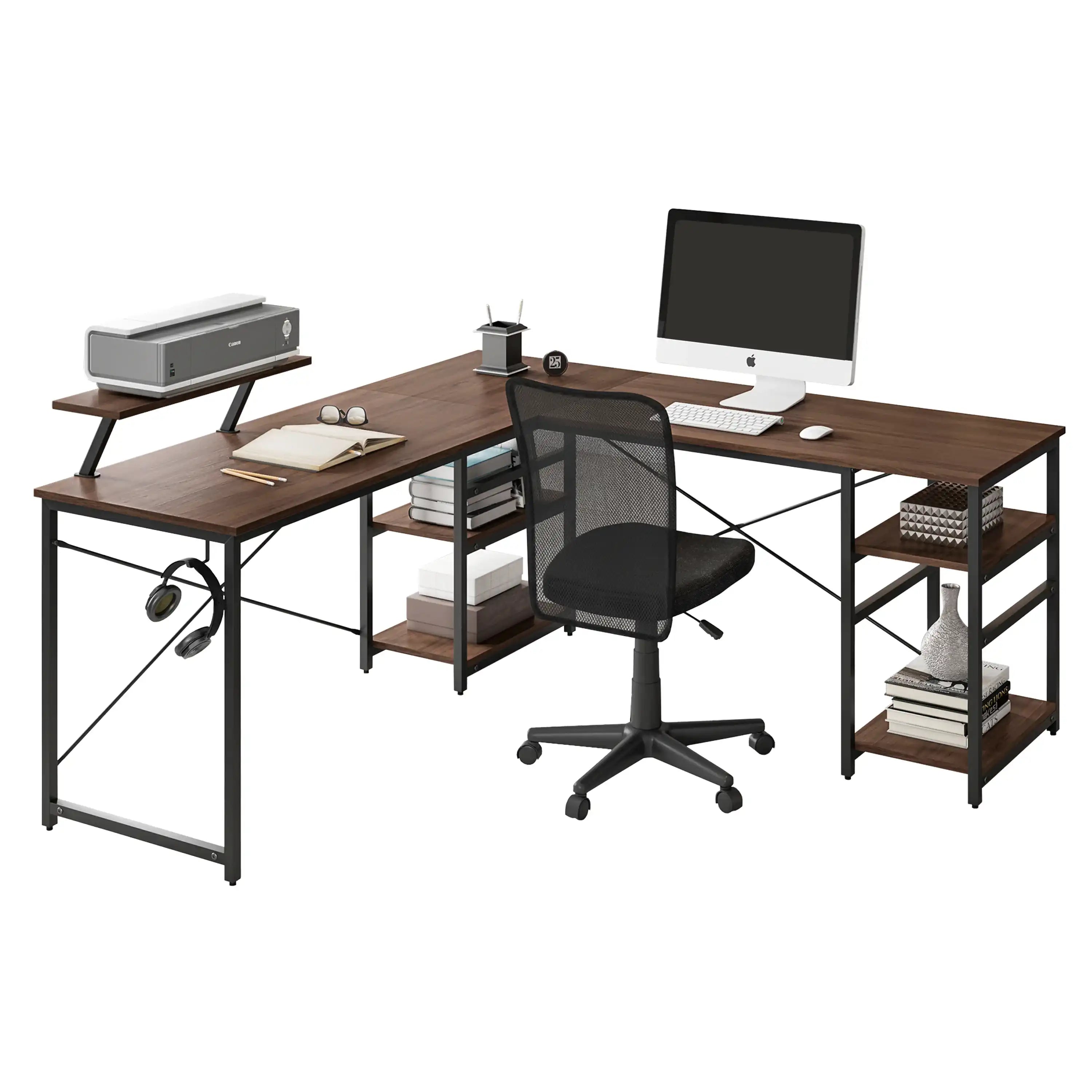 Techni Mobili L-Shape Industrial Desk with storage shelves, Walnut - Best Buy Furniture