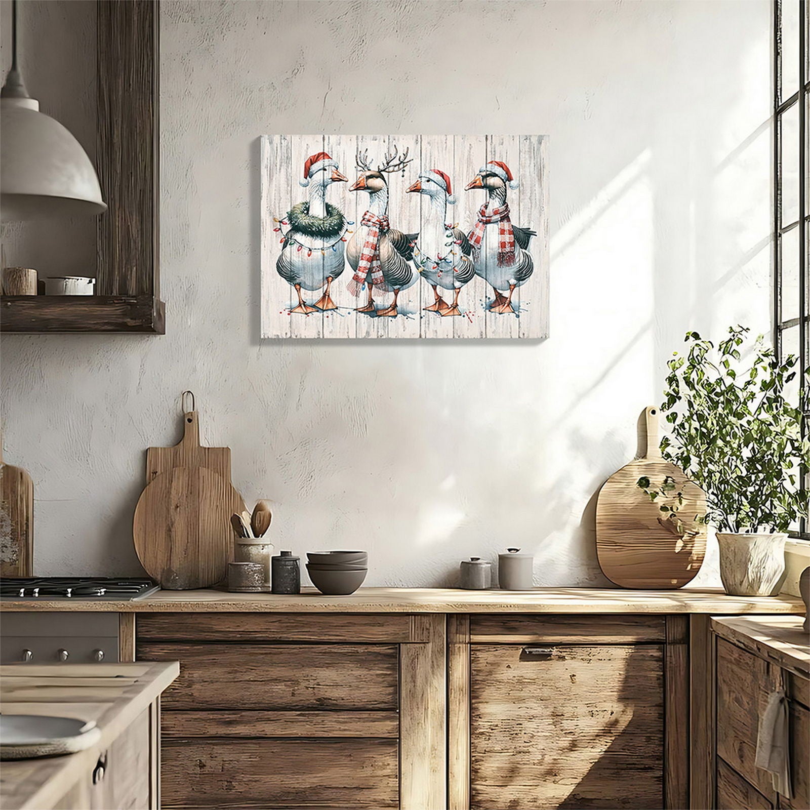 Framed Vintage Duck Wall Art Print, Christmas With Ornaments Watercolor Canvas Poster Wall Decor - Red Buffalo Check