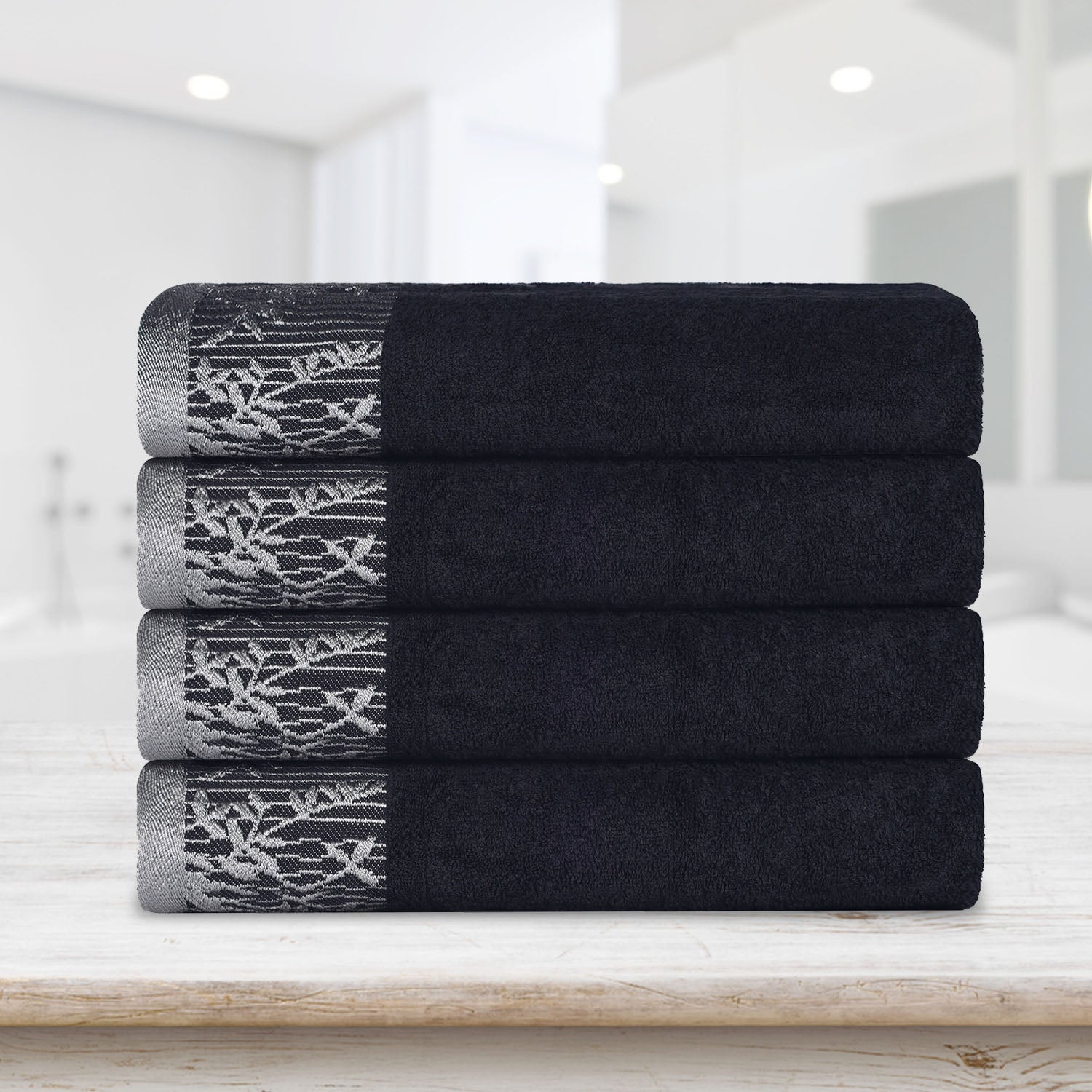 Cotton Floral Jacquard Border Bath Towel Set of 4 - Bath Towel by Superior Brand