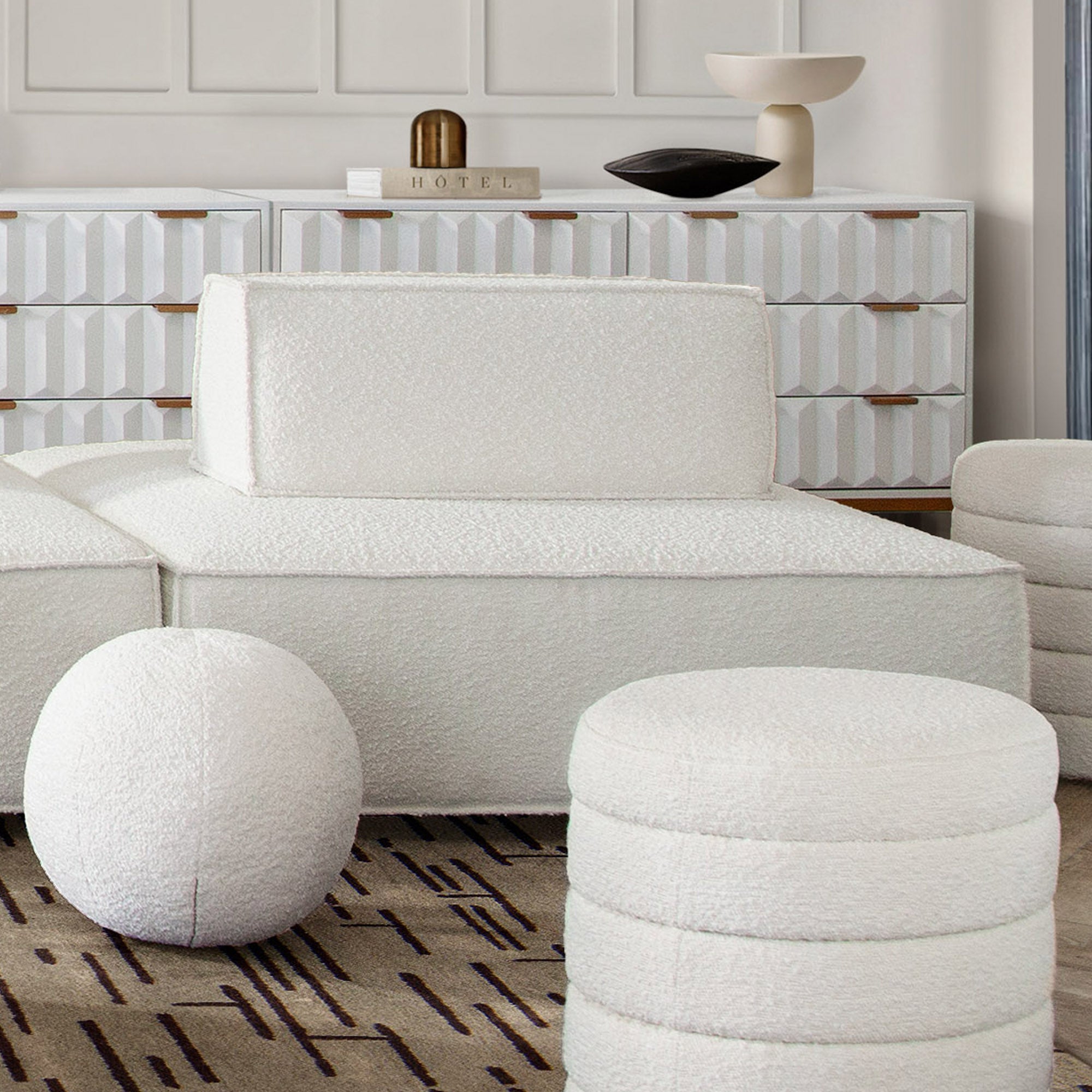 Cara Square Modular Lounger by Diamond Sofa in Ivory Boucle Fabric w/ Moveable, Non-Skid Backrest