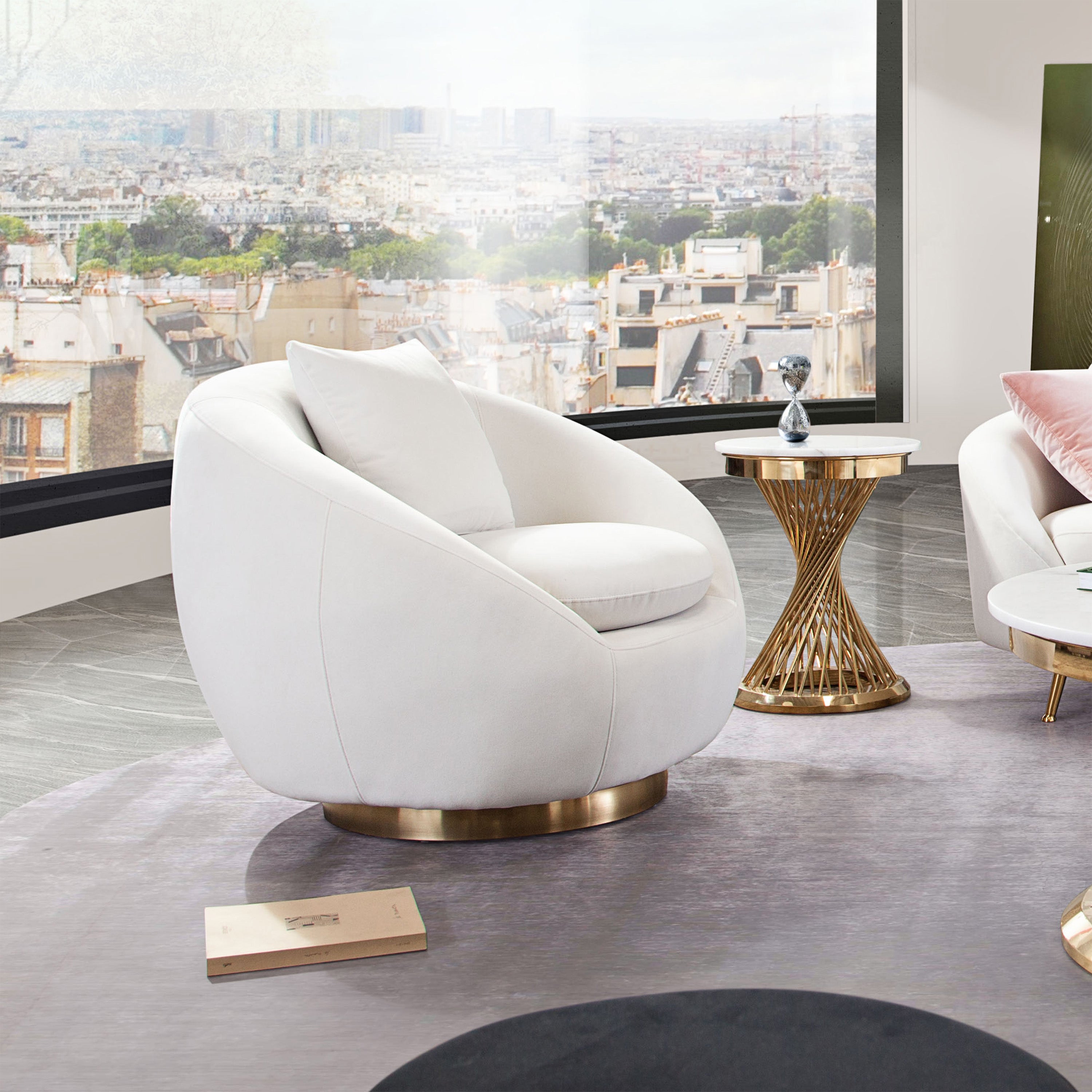 Celine Swivel Accent Chair in Light Cream Velvet w/ Brushed Gold Accent Band by Diamond Sofa