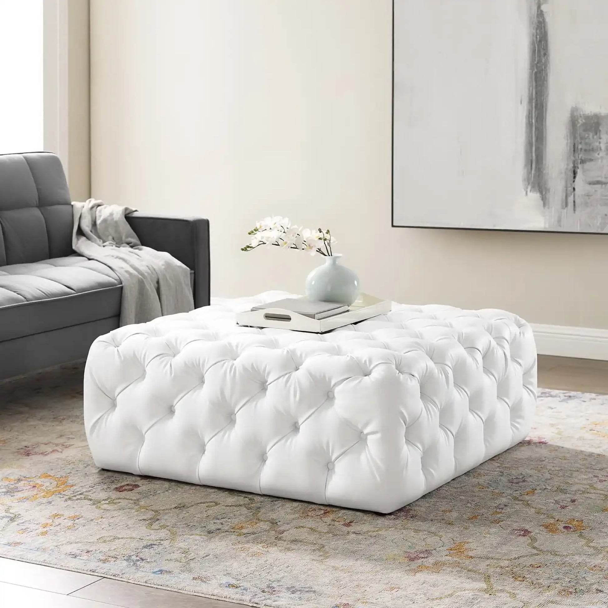 Amour Tufted Button Large Square Faux Leather Ottoman by Modway - Best Buy Furniture