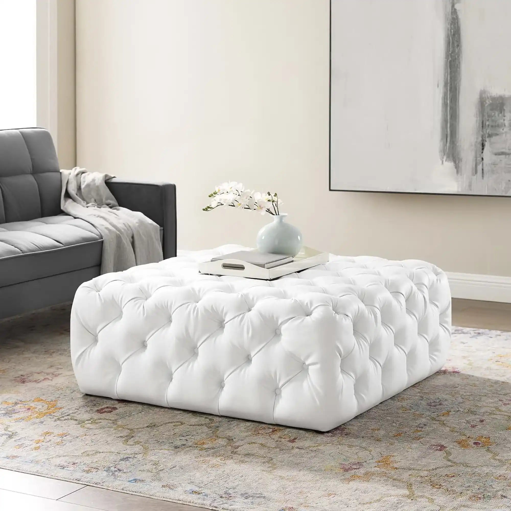 Amour Tufted Button Large Square Faux Leather Ottoman by Modway - Best Buy Furniture