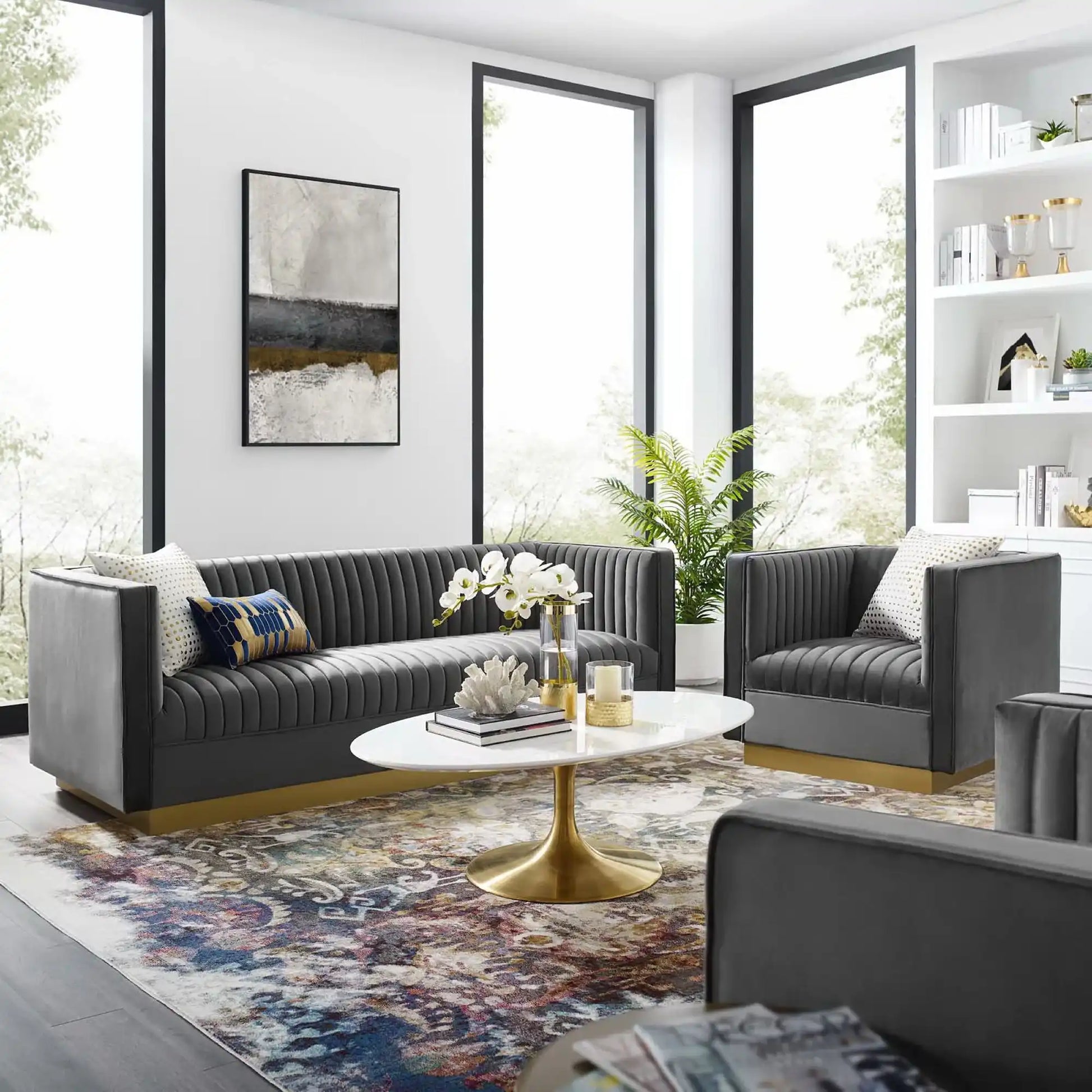 Sanguine Vertical Channel Tufted Upholstered Performance Velvet Sofa and Armchair Set by Modway - Best Buy Furniture