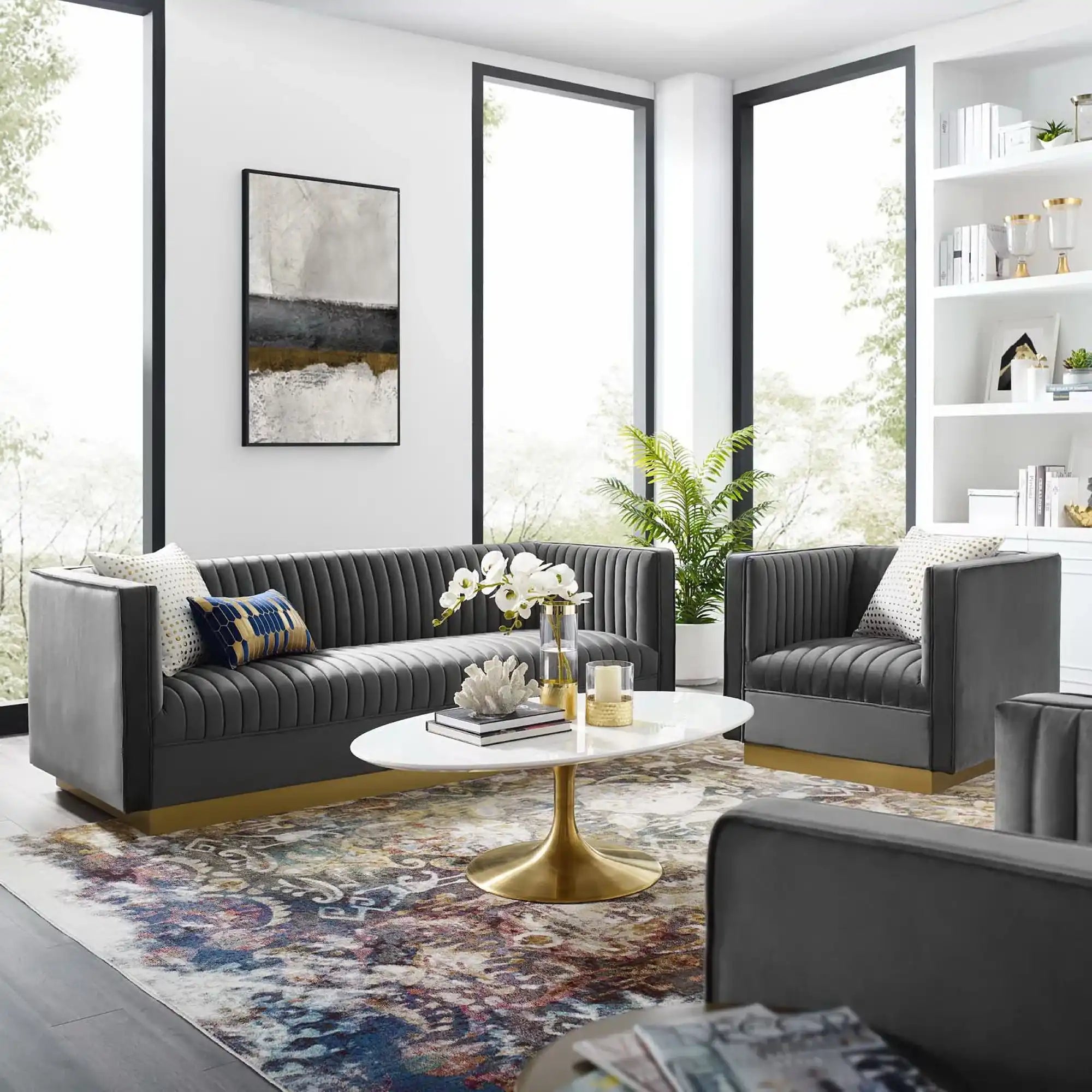 Sanguine Vertical Channel Tufted Upholstered Performance Velvet Sofa and Armchair Set by Modway - Best Buy Furniture