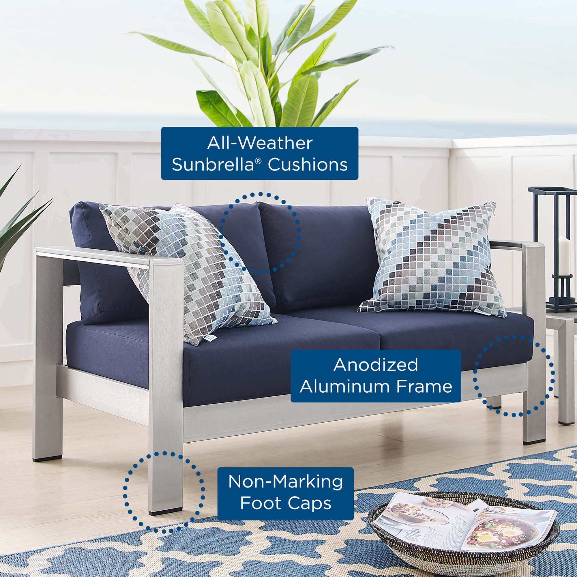 Shore Sunbrella� Fabric Aluminum Outdoor Patio Loveseat by Modway - Best Buy Furniture