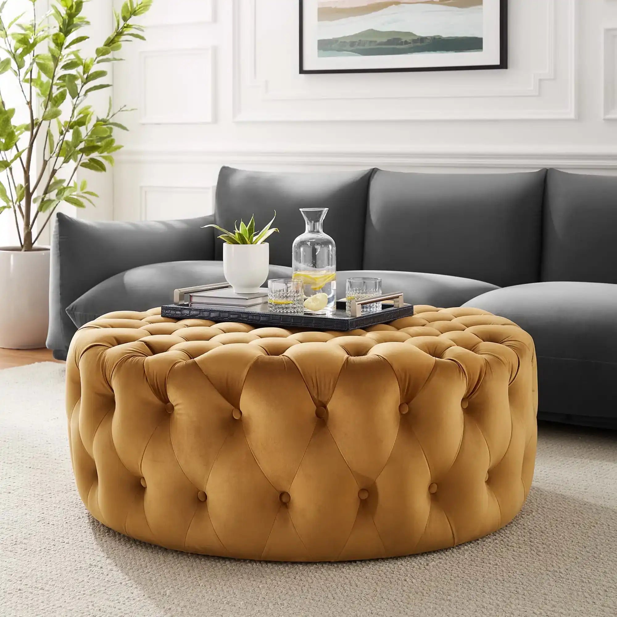 Amour Tufted Button Large Round Performance Velvet Ottoman by Modway - Best Buy Furniture
