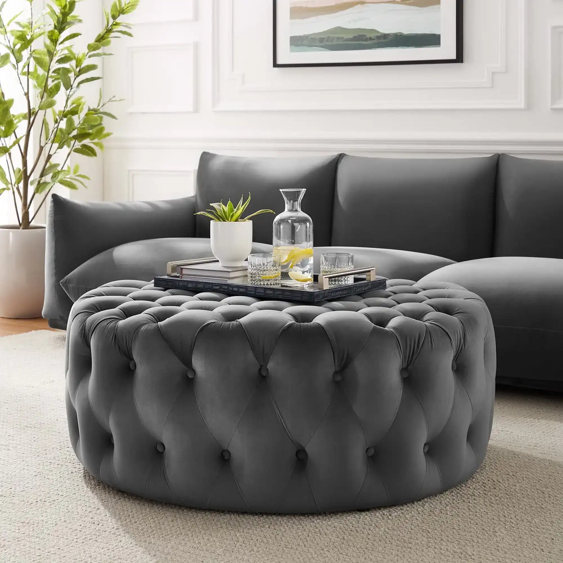 Amour Tufted Button Large Round Performance Velvet Ottoman by Modway - Best Buy Furniture