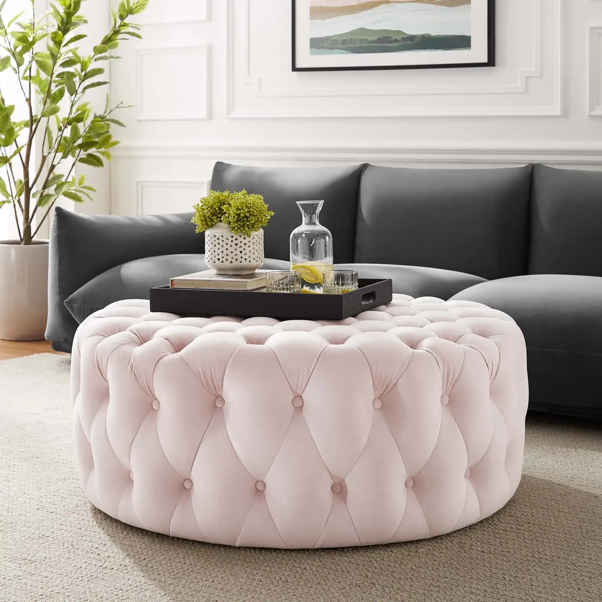 Amour Tufted Button Large Round Performance Velvet Ottoman by Modway - Best Buy Furniture