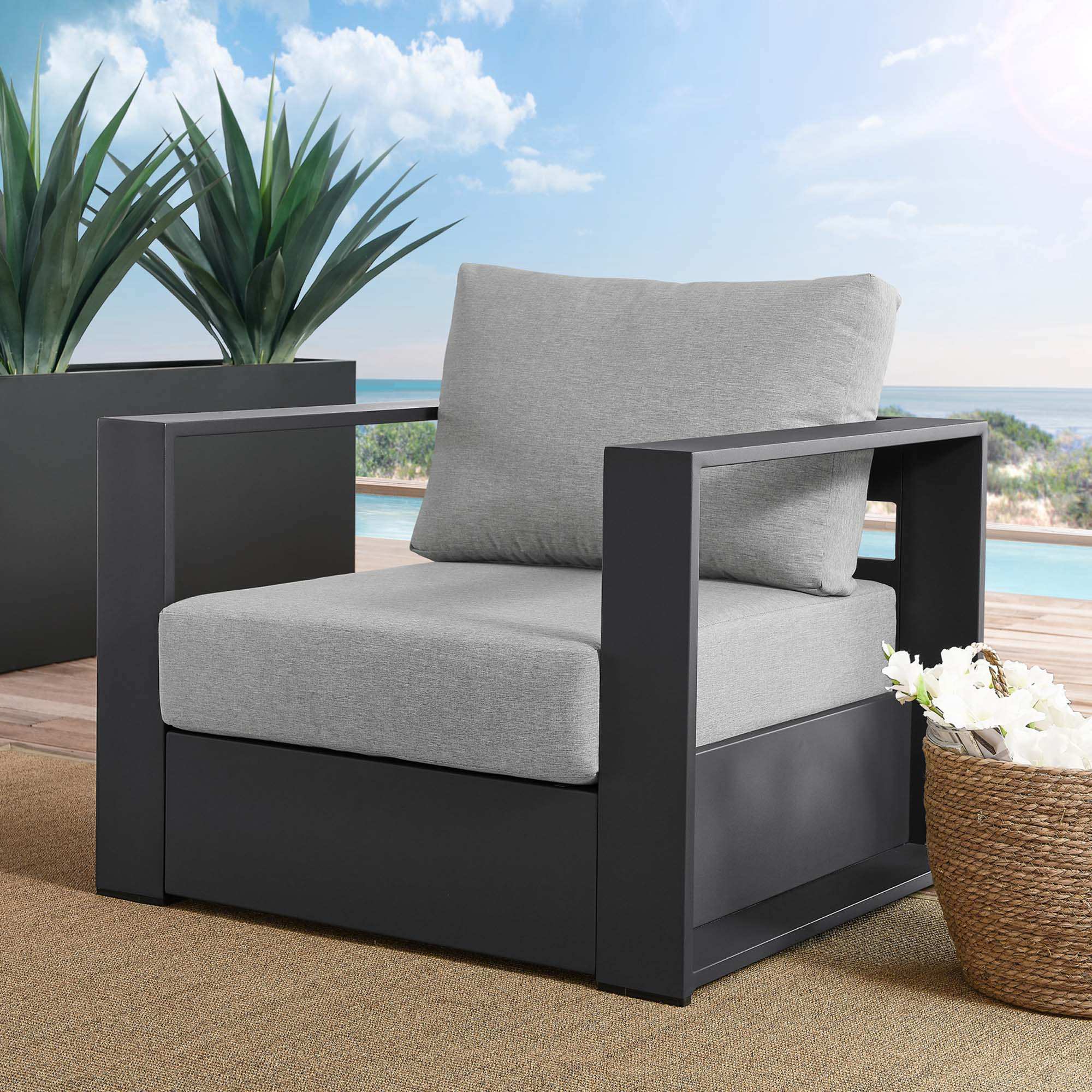 Tahoe Outdoor Patio Powder-Coated Aluminum Armchair in Gray Gray - Best Buy Furniture