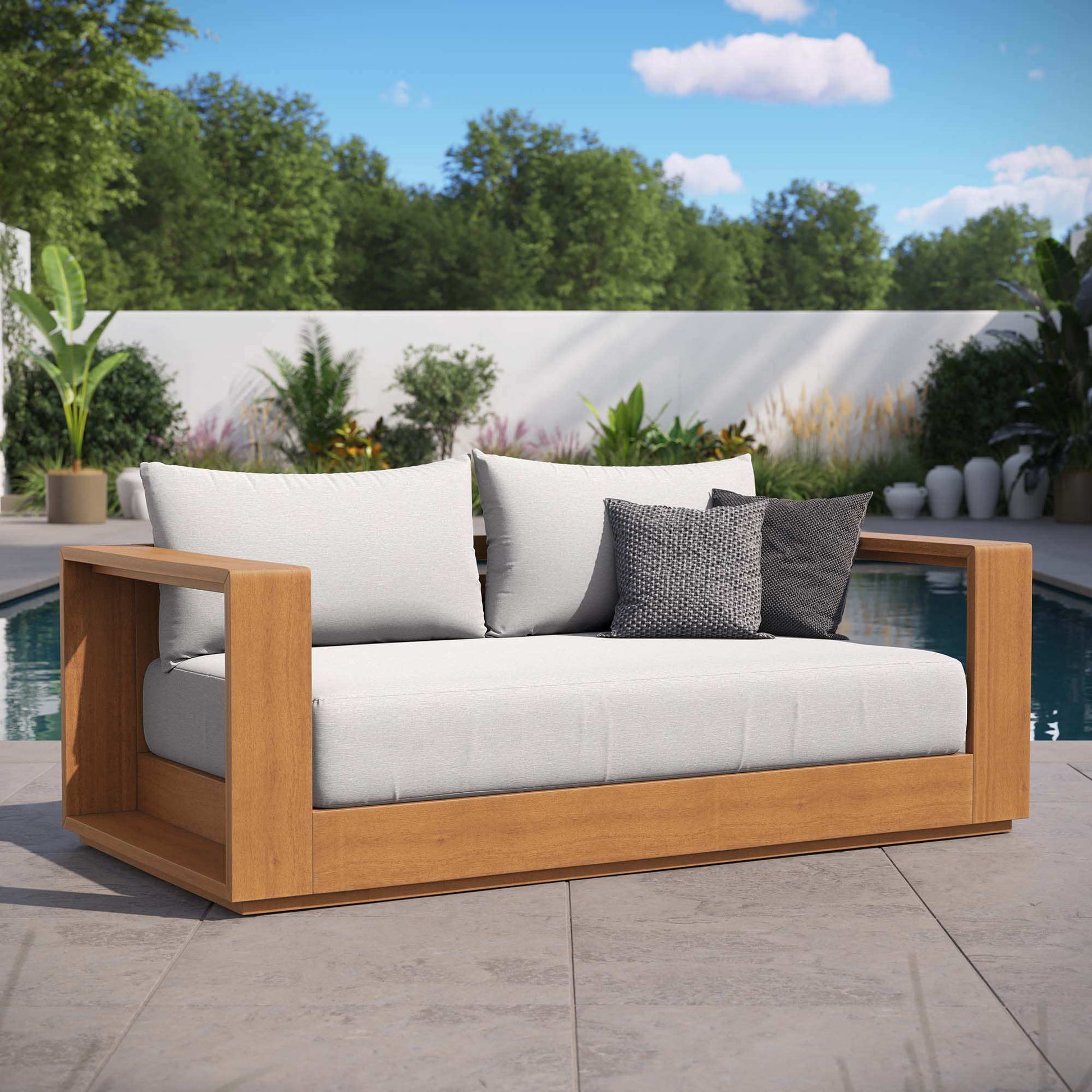 Tahoe Acacia Wood Outdoor Patio Acacia Wood Loveseat in Natural Light Gray - Best Buy Furniture