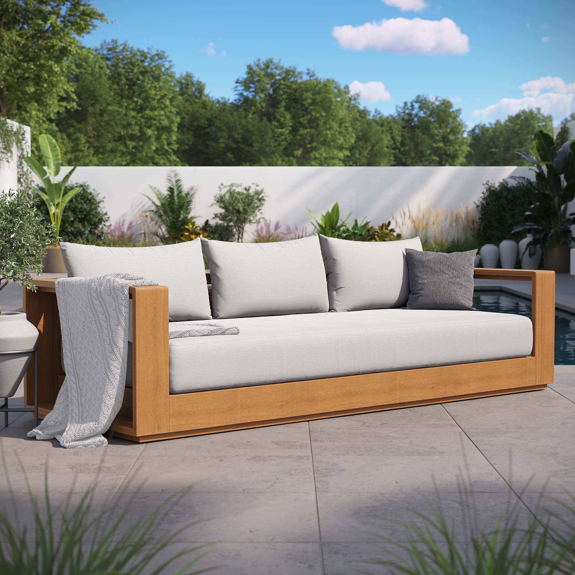 Tahoe Outdoor Patio Acacia Wood Sofa in Natural Light Gray - Best Buy Furniture