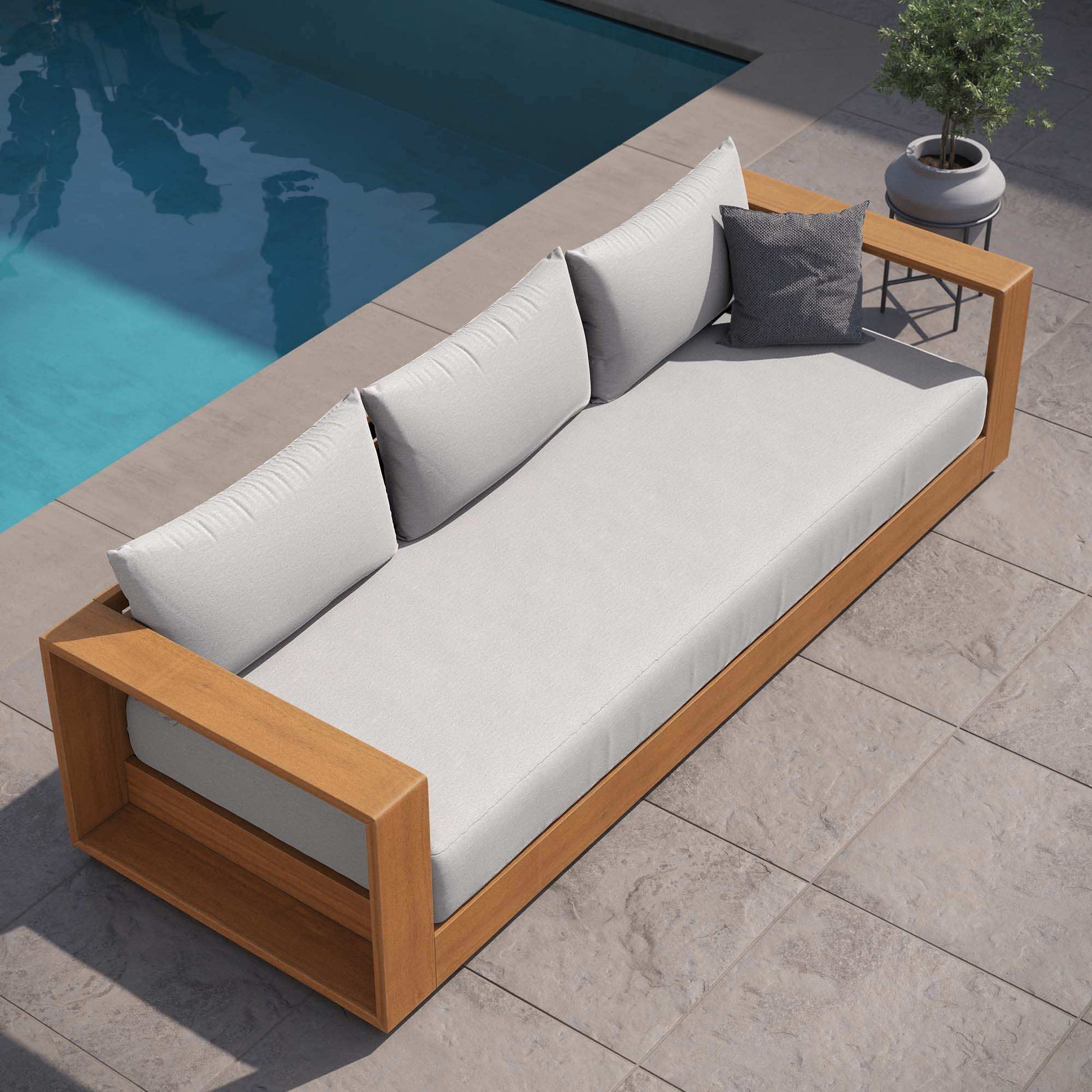 Tahoe Outdoor Patio Acacia Wood Sofa in Natural Light Gray - Best Buy Furniture