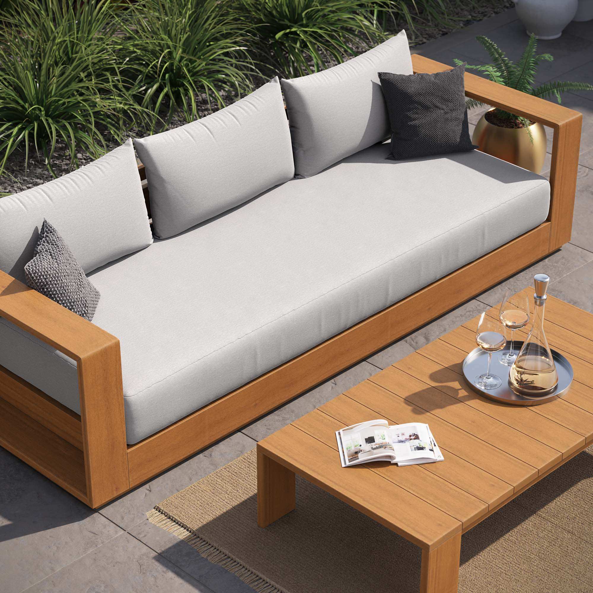 Tahoe Outdoor Patio Acacia Wood Sofa in Natural Light Gray - Best Buy Furniture