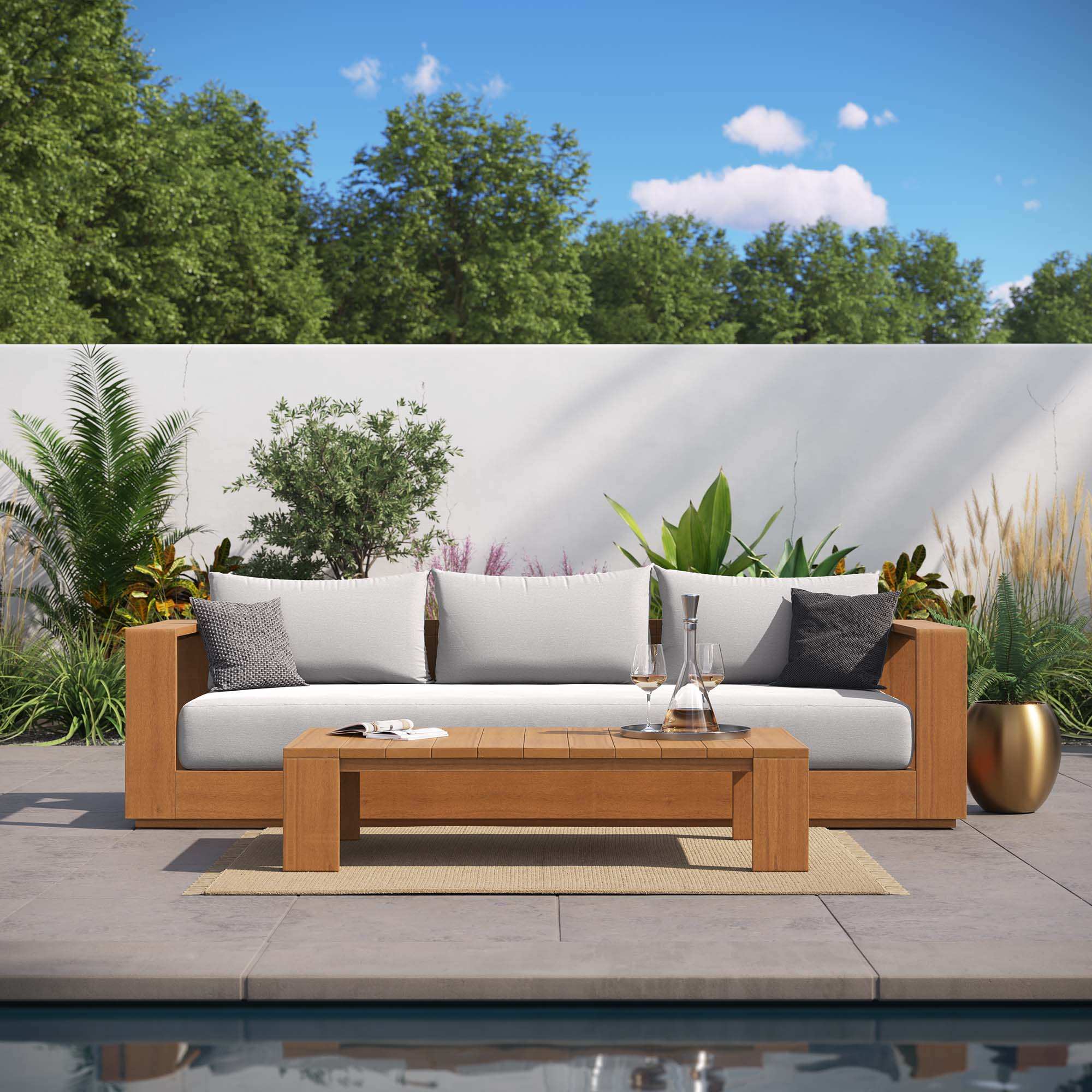 Tahoe Outdoor Patio Acacia Wood Sofa in Natural Light Gray - Best Buy Furniture