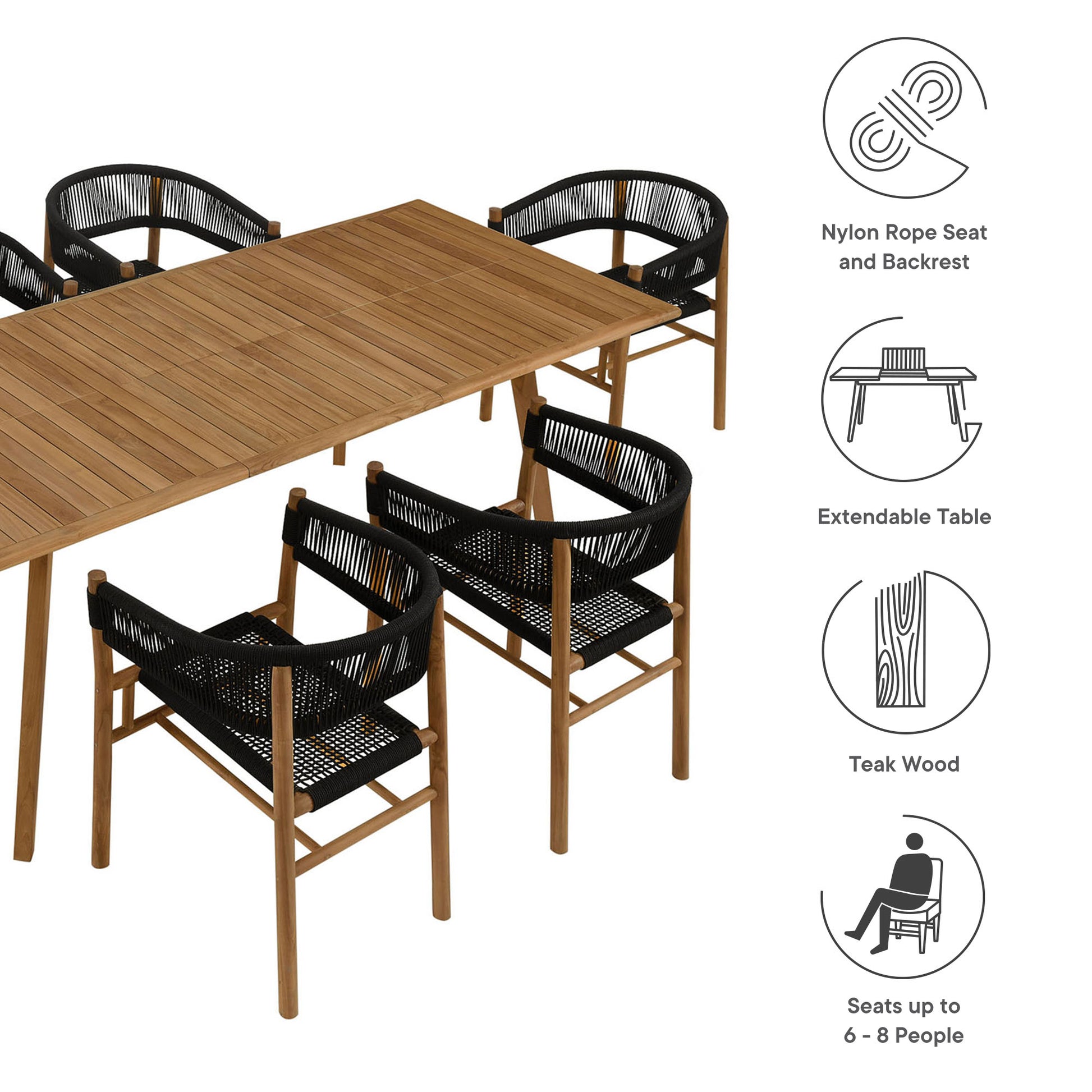 Vienna 7-Piece Outdoor Patio Teak and Rope Dining Set with Curved-Back Armchairs by Modway - Best Buy Furniture