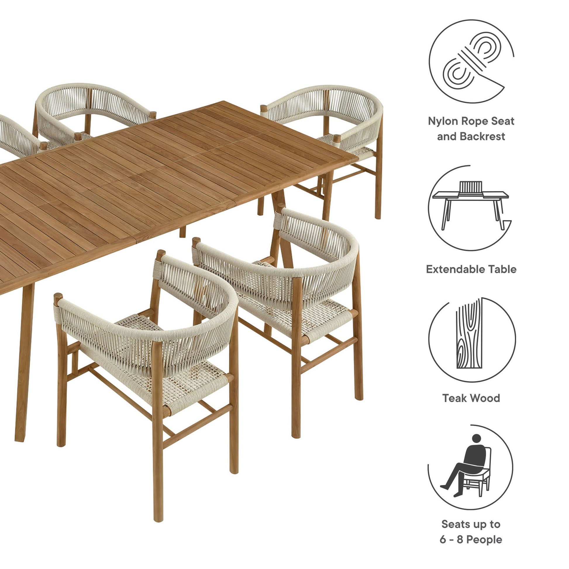 Vienna 7-Piece Outdoor Patio Teak and Rope Dining Set with Curved-Back Armchairs by Modway - Best Buy Furniture
