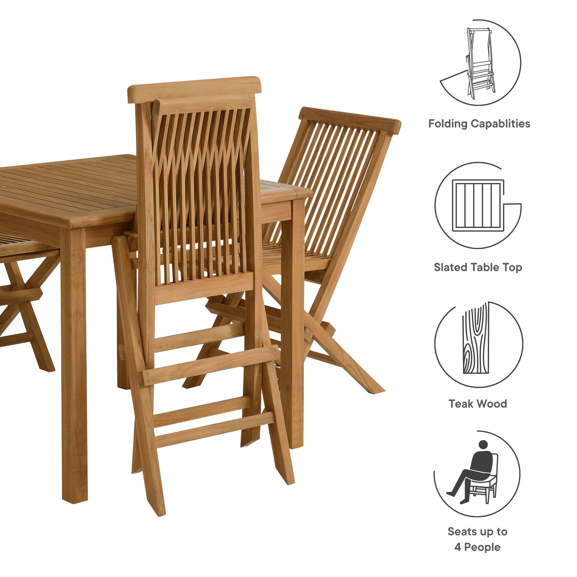 Vienna 5-Piece Outdoor Patio Teak Wood Dining Set with Folding Chairs by Modway - Best Buy Furniture