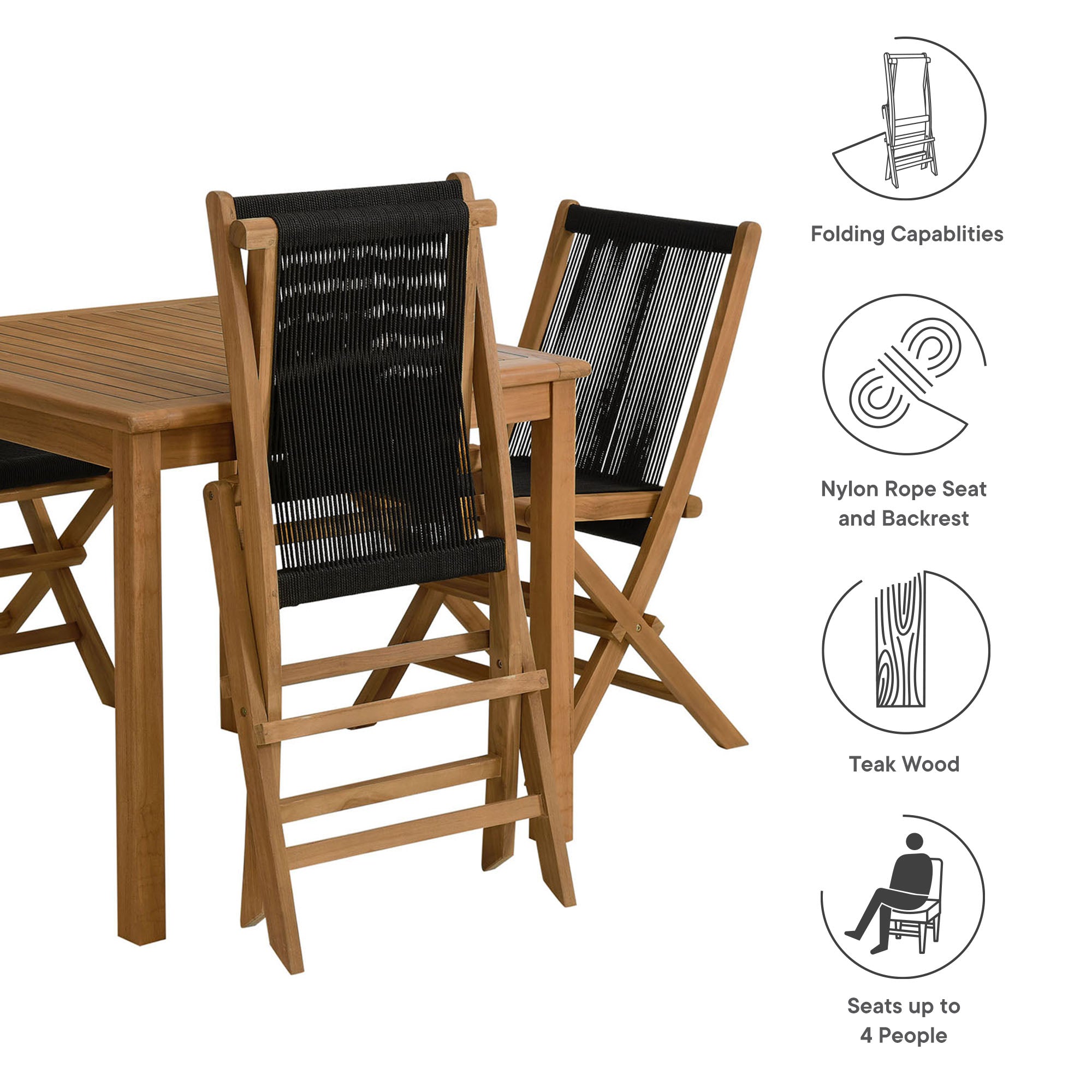 Vienna 5-Piece Outdoor Patio Teak Wood Dining Set with Rope Folding Chairs by Modway - Best Buy Furniture