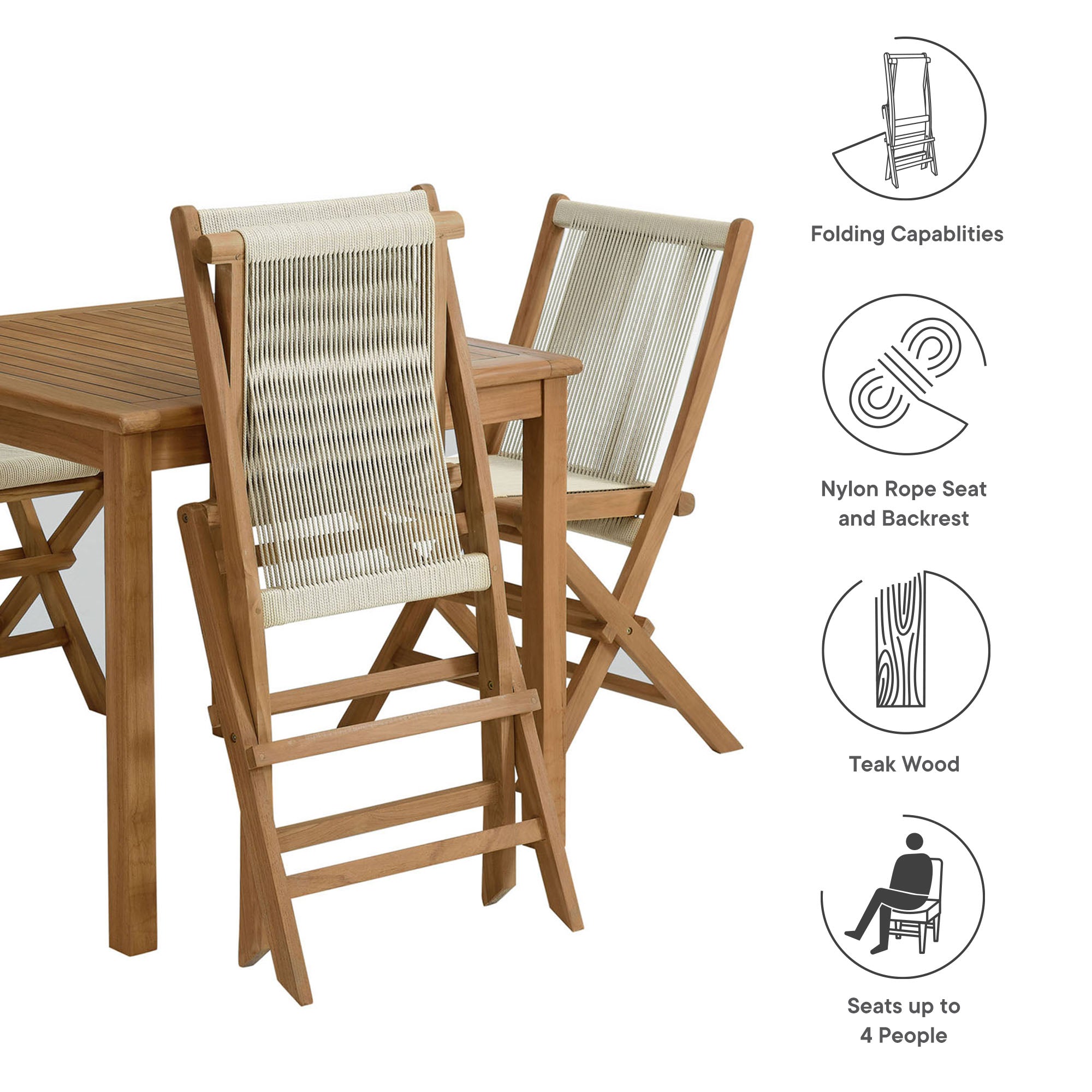 Vienna 5-Piece Outdoor Patio Teak Wood Dining Set with Rope Folding Chairs by Modway - Best Buy Furniture