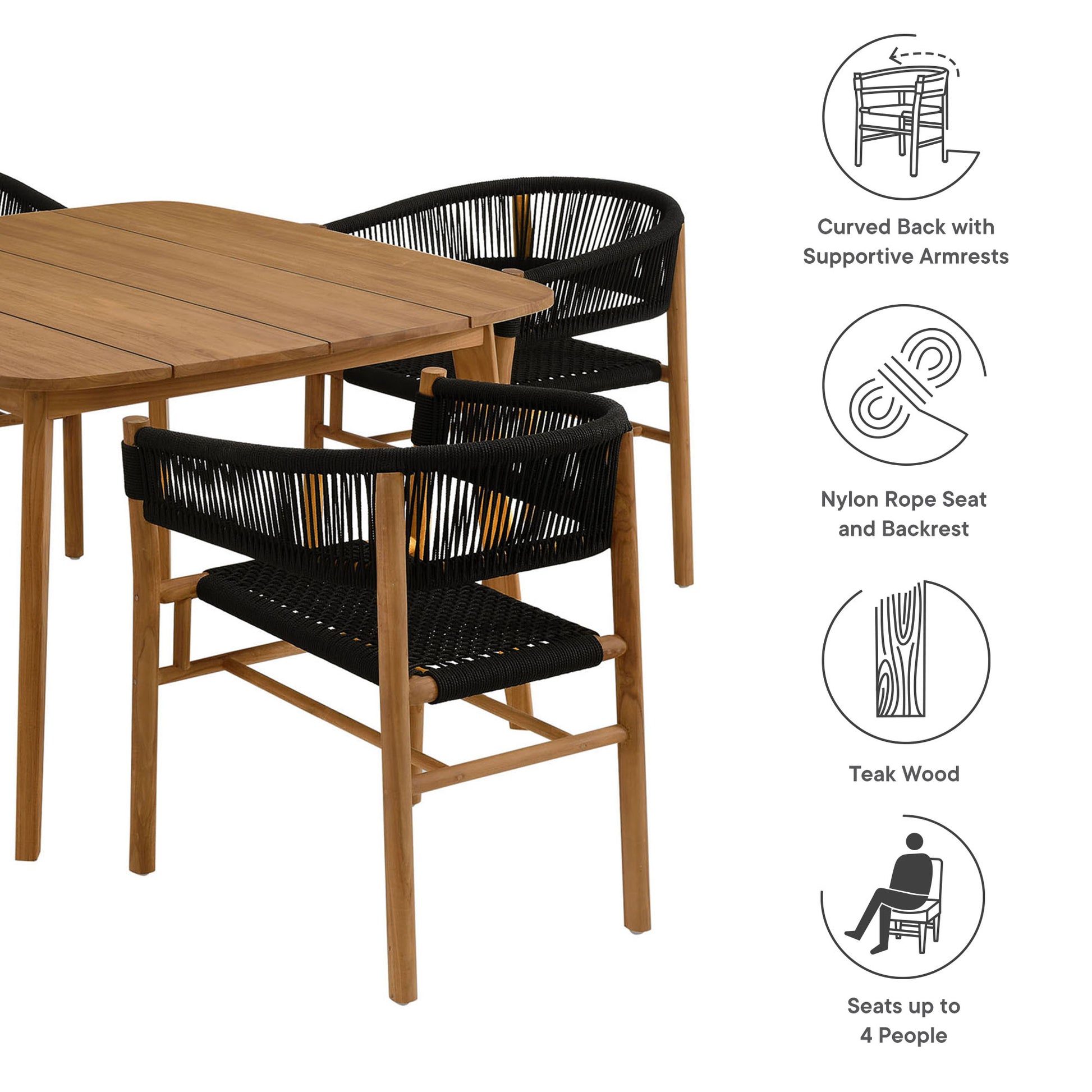 Vienna 5-Piece Outdoor Patio Teak and Rope Dining Set with Curved-Back Armchairs by Modway - Best Buy Furniture