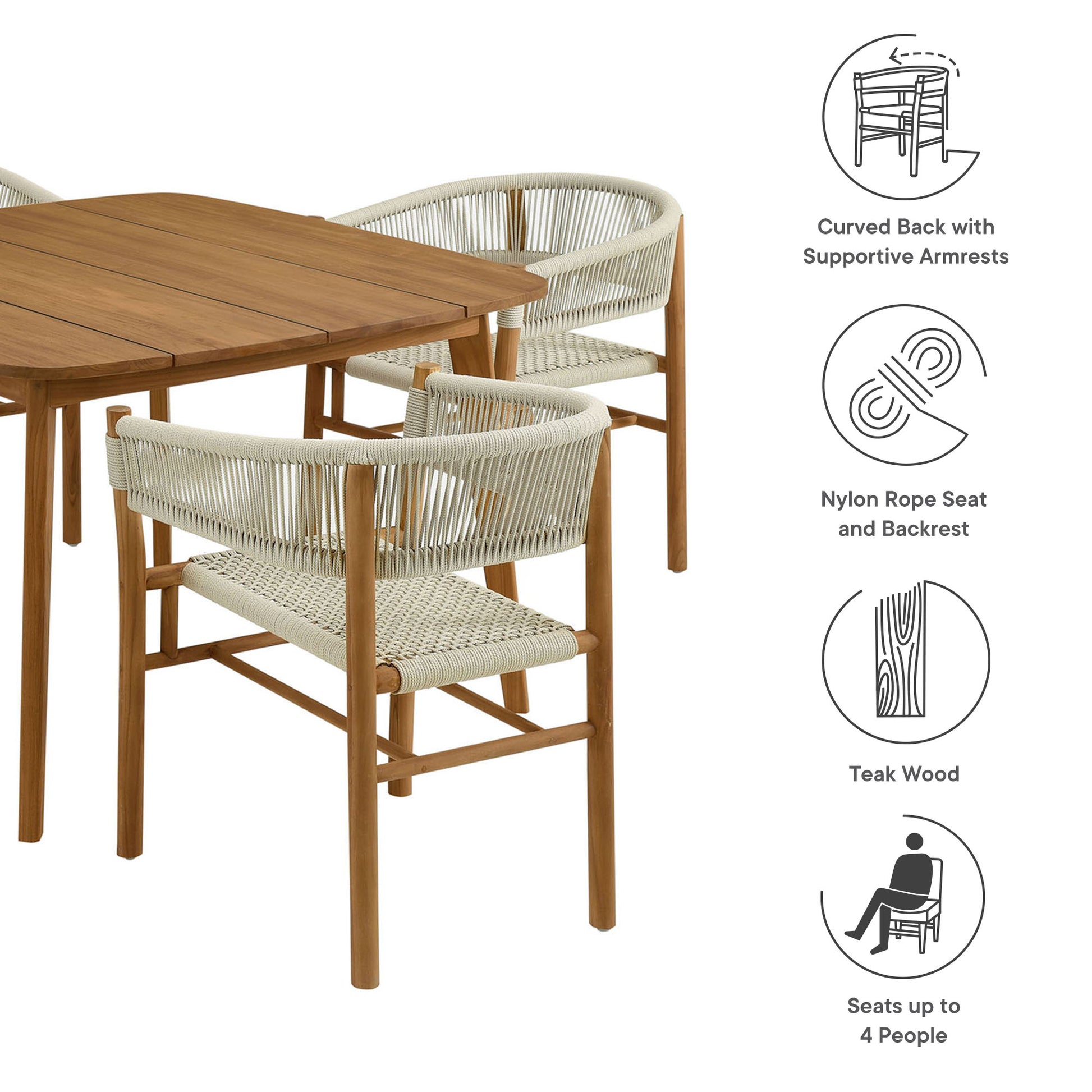 Vienna 5-Piece Outdoor Patio Teak and Rope Dining Set with Curved-Back Armchairs by Modway - Best Buy Furniture