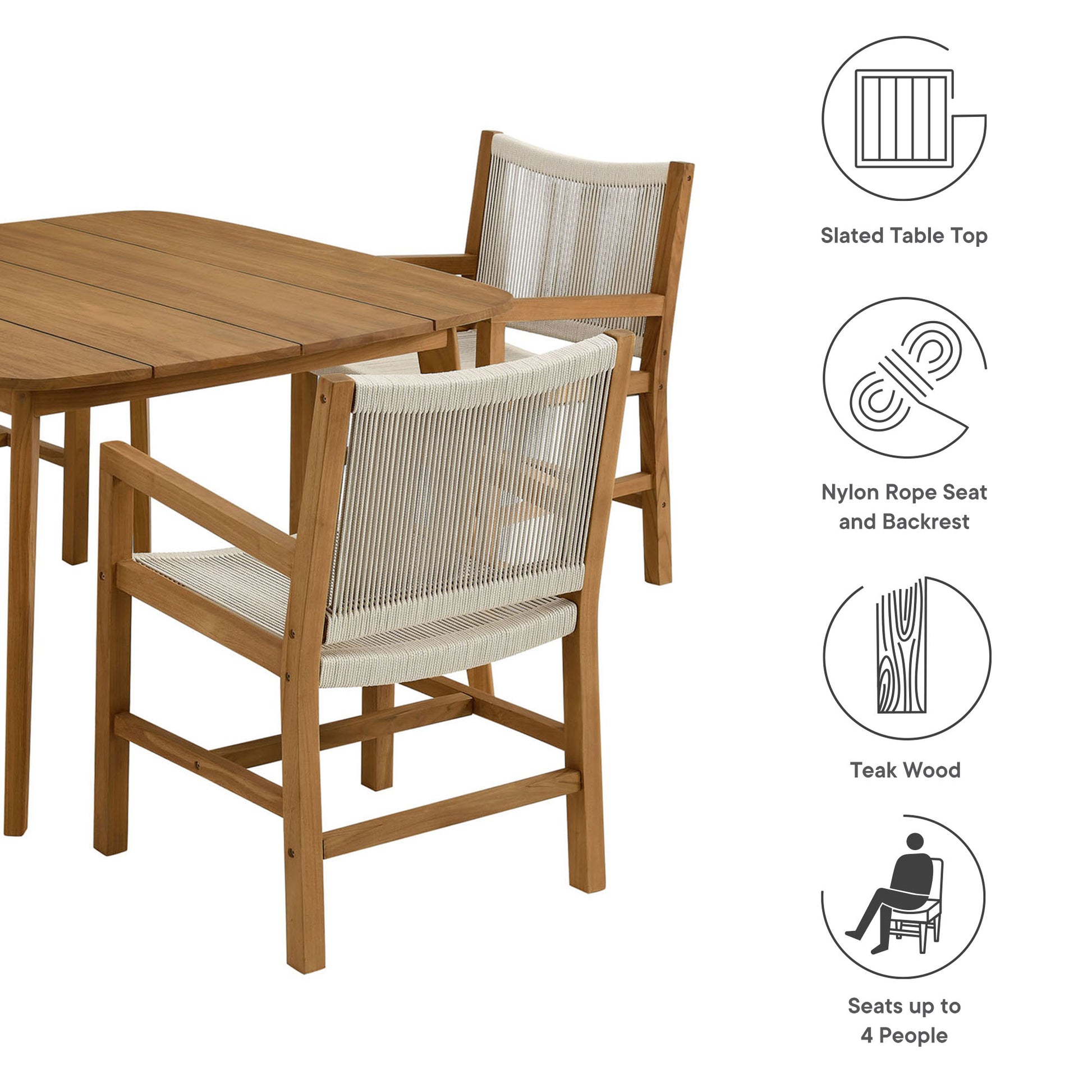 Vienna 5-Piece Outdoor Patio Teak and Rope Dining Set with Armchairs by Modway - Best Buy Furniture