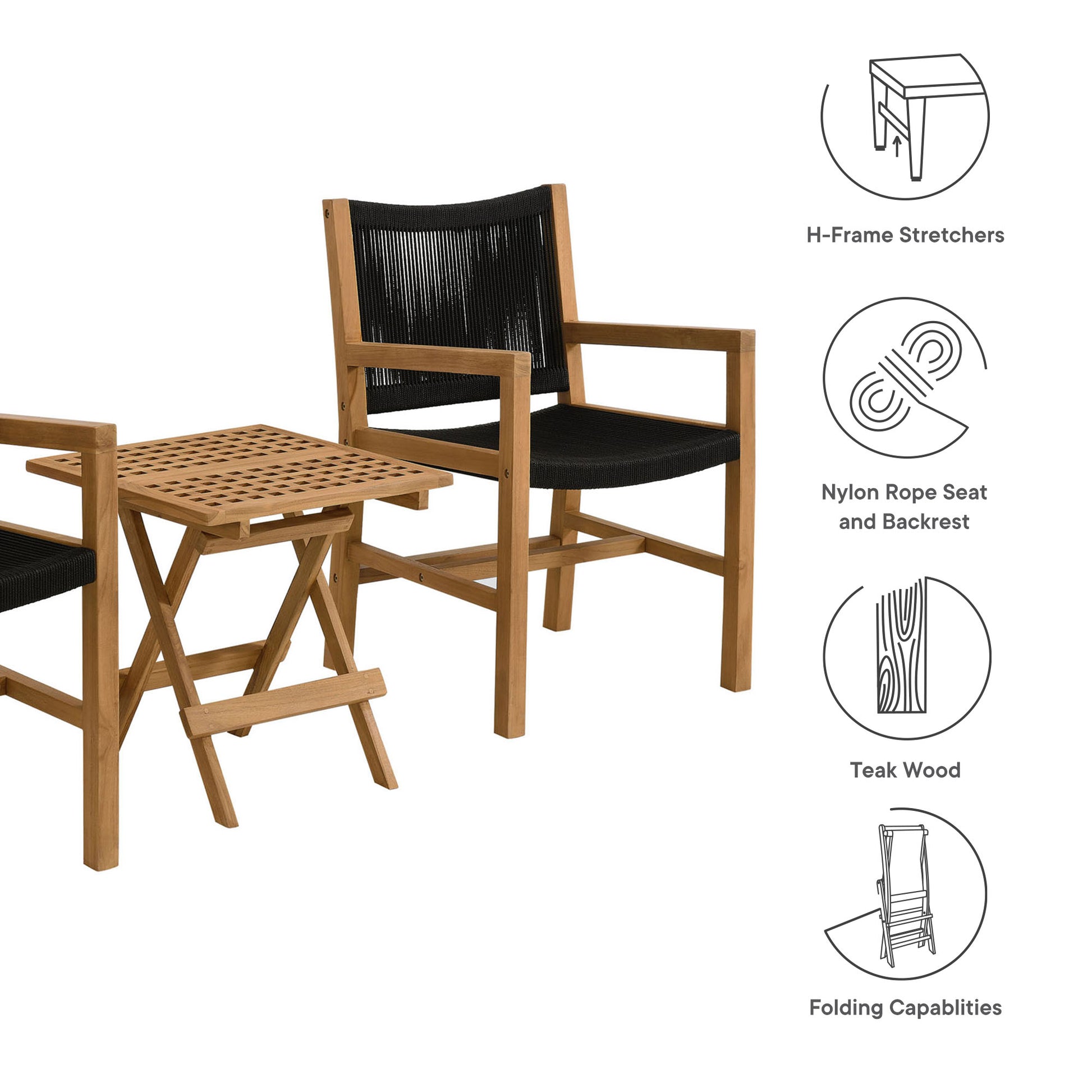 Vienna 3-Piece Outdoor Patio Teak and Rope Armchairs with Folding Side Table by Modway - Best Buy Furniture