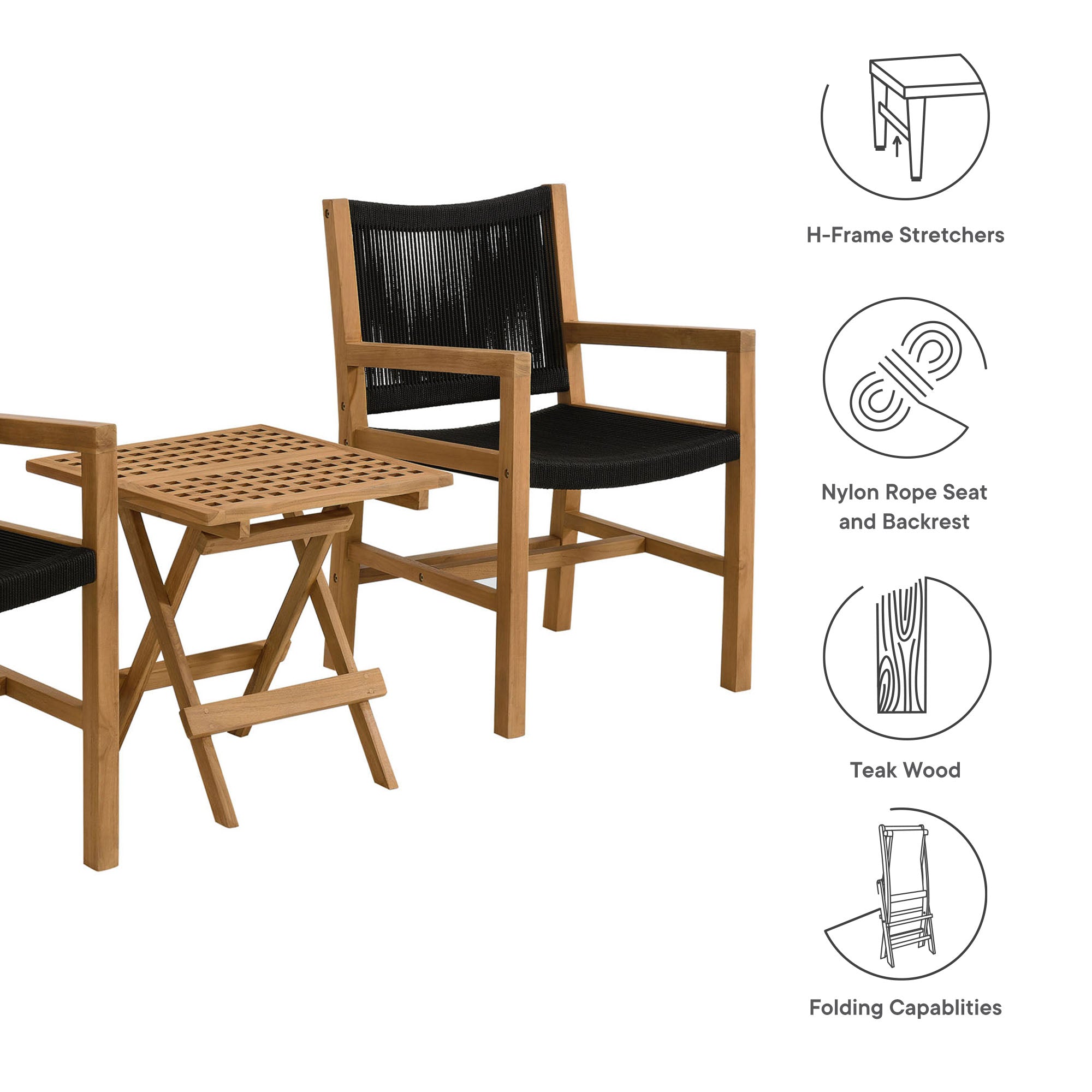 Vienna 3-Piece Outdoor Patio Teak and Rope Armchairs with Folding Side Table by Modway - Best Buy Furniture