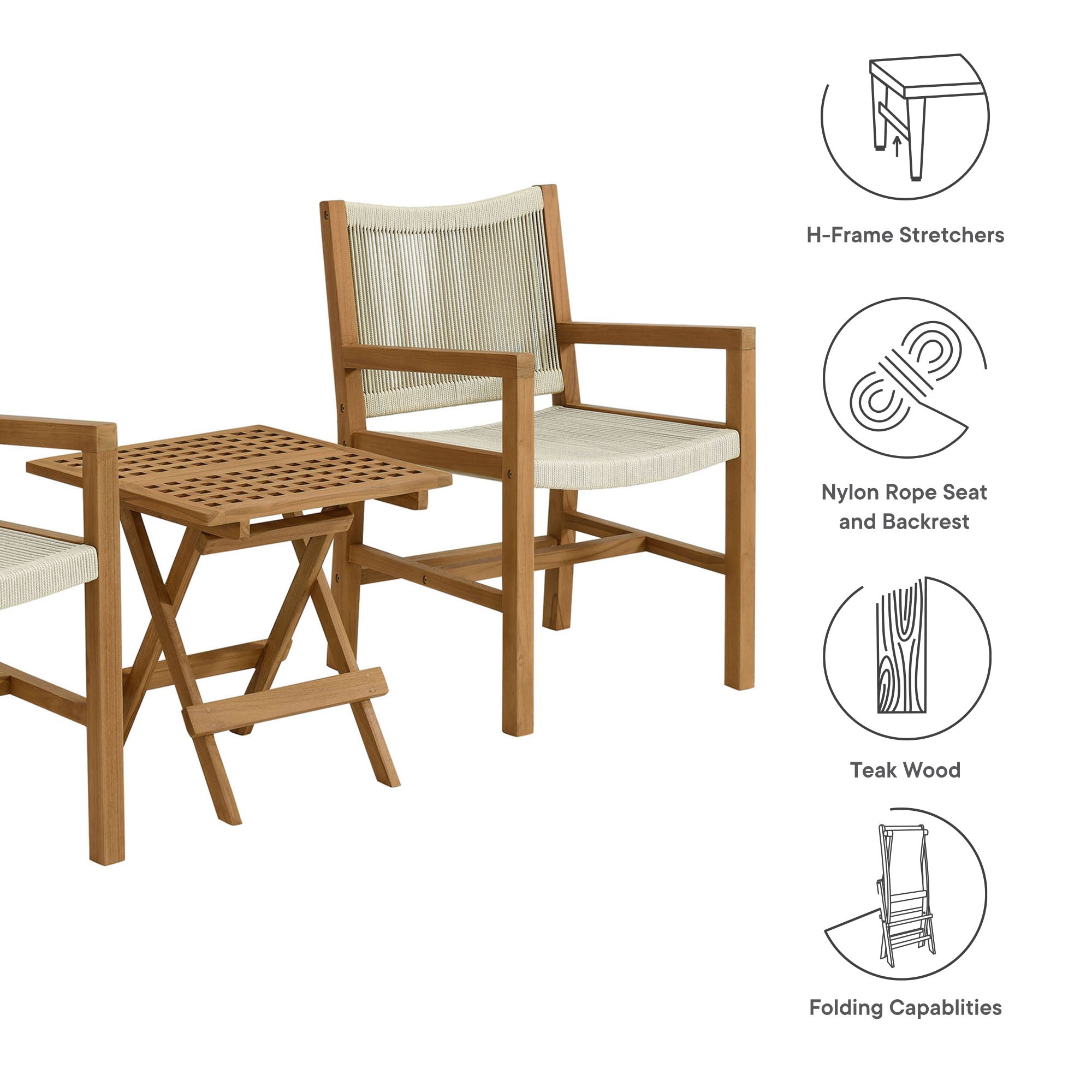 Vienna 3-Piece Outdoor Patio Teak and Rope Armchairs with Folding Side Table by Modway - Best Buy Furniture