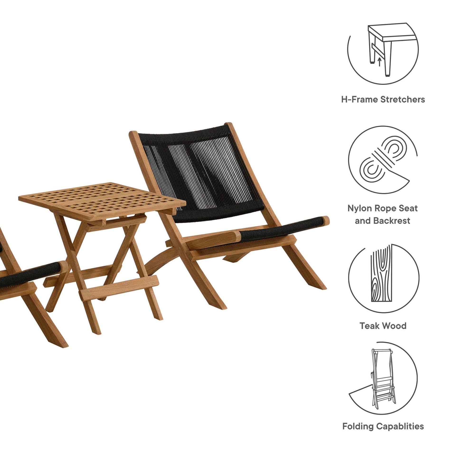 Vienna 3-Piece Outdoor Patio Teak and Rope Folding Lounge Chairs and Side Table by Modway - Best Buy Furniture