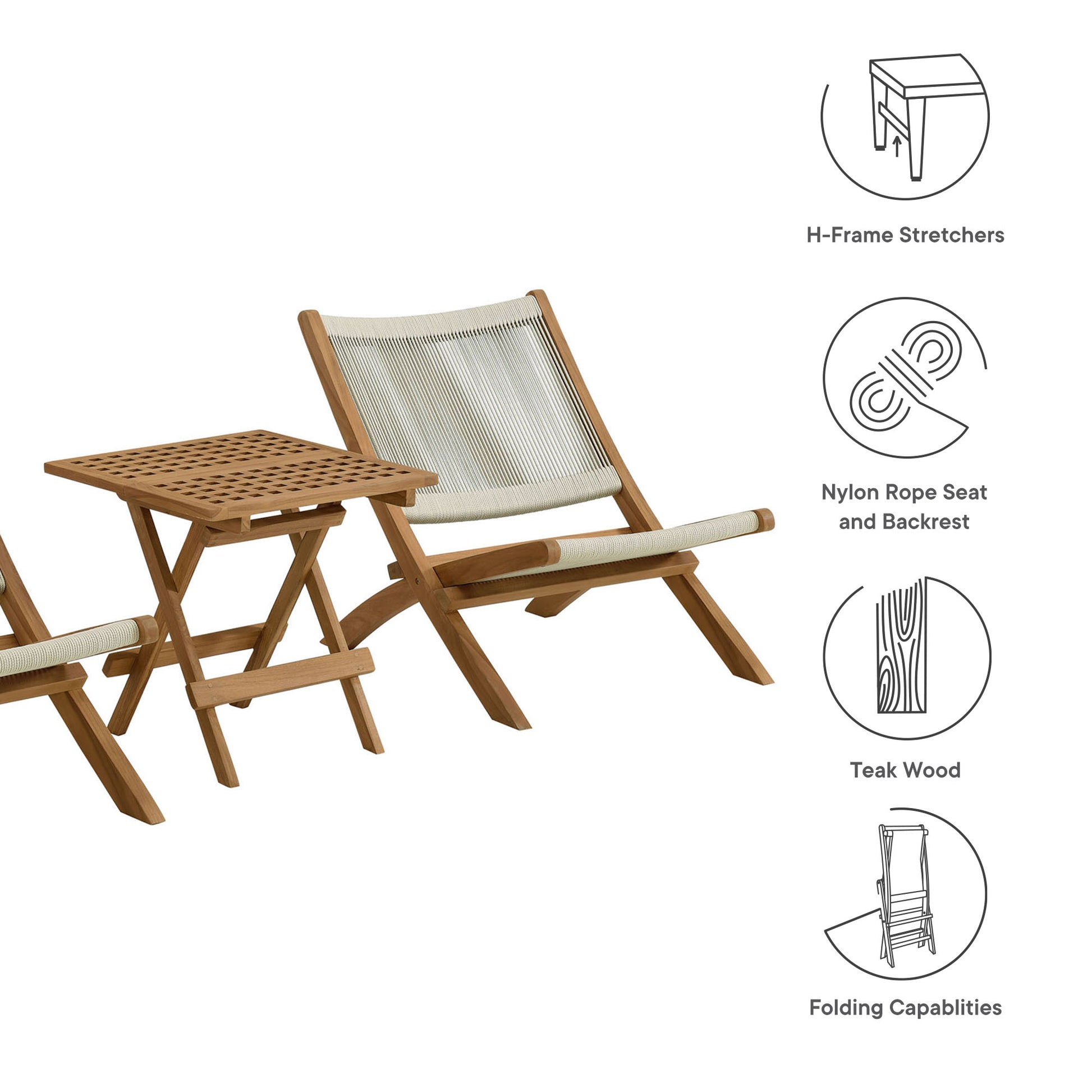 Vienna 3-Piece Outdoor Patio Teak and Rope Folding Lounge Chairs and Side Table by Modway - Best Buy Furniture