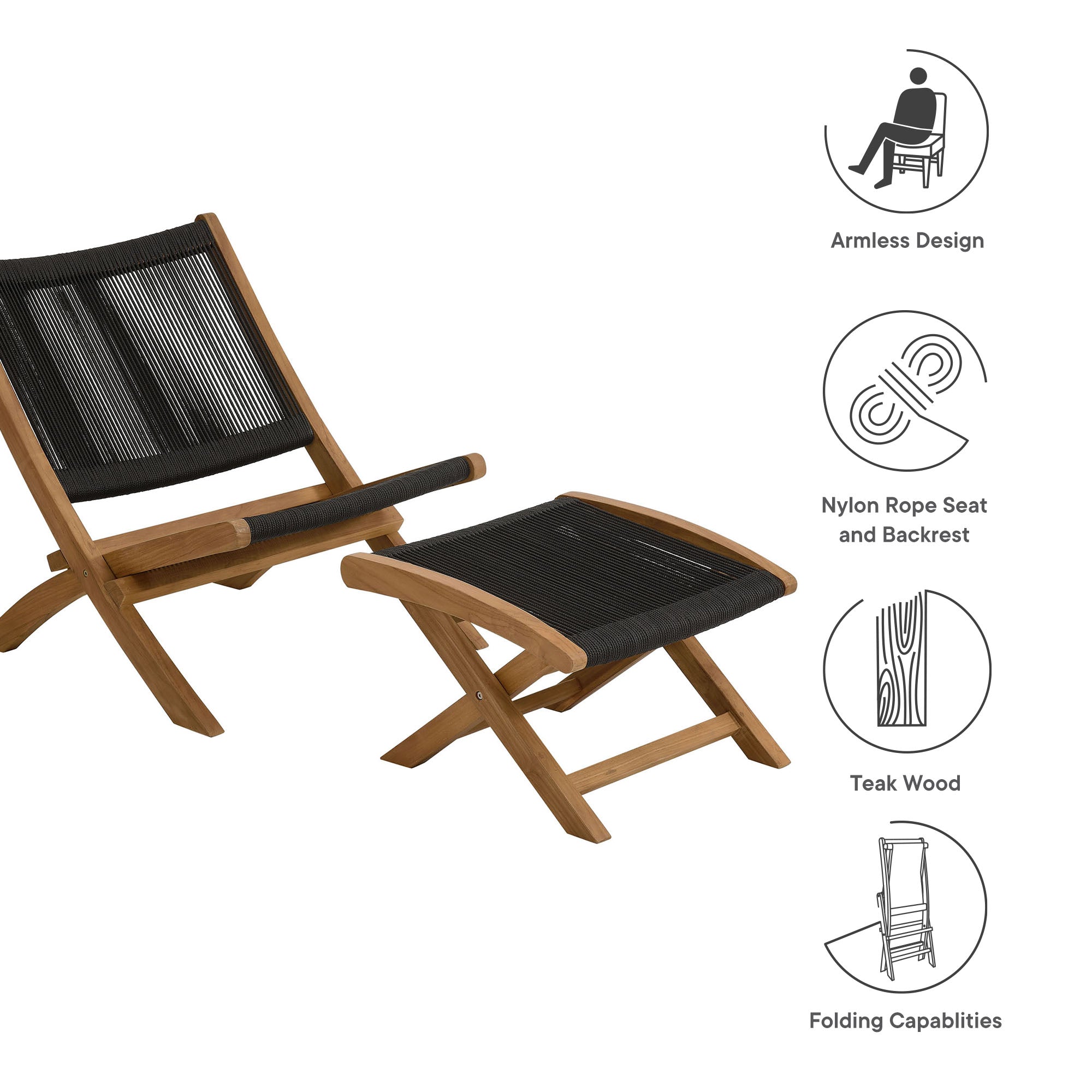 Vienna 2-Piece Outdoor Patio Teak and Rope Folding Accent Lounge Chair and Ottoman Set by Modway - Best Buy Furniture