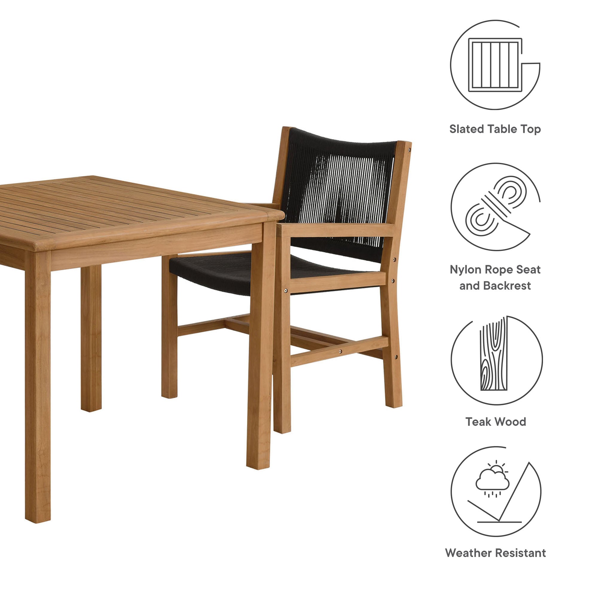 Vienna 3-Piece Outdoor Patio Teak and Rope Dining Set with Armchairs by Modway - Best Buy Furniture